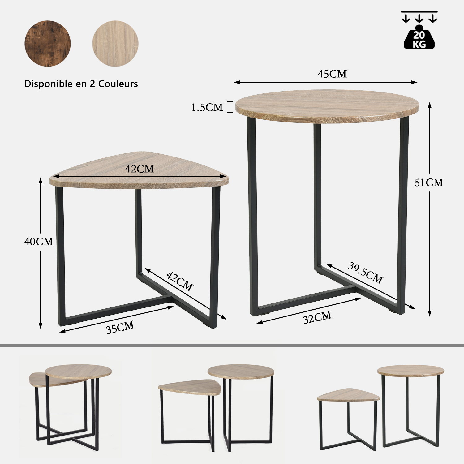 Lot de 2 tables basses gigognes style industriel en métal noir et bois imitation chêne ââ‚?LAYA