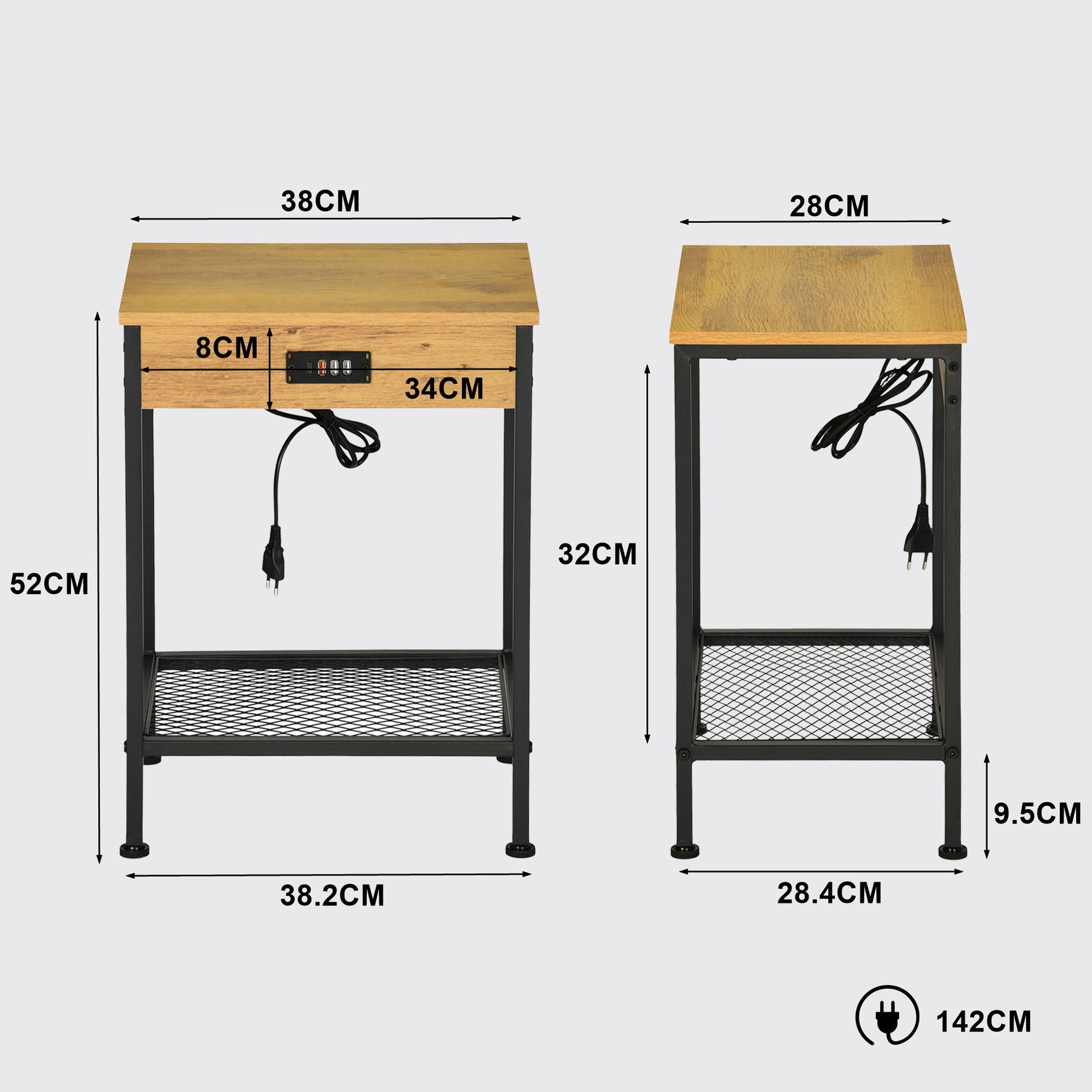 Table d'appoint/Bout de canapé design industriel en chêne et métal noir avec double plateau et ports USB intégrés - OAKHAM