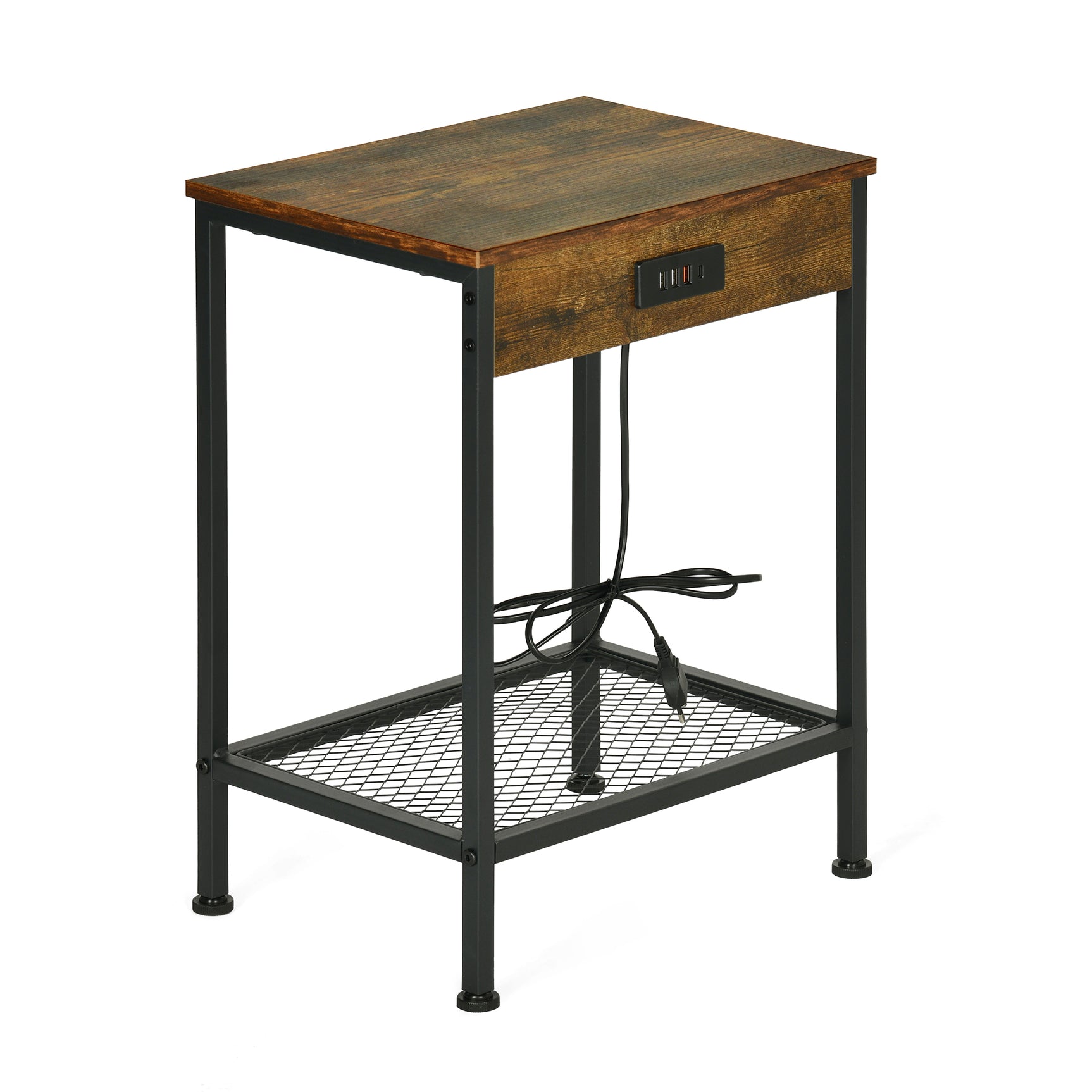 Actoint table/end of industrial design in vintage brown and black metal with double tray and integrated USB ports - Oakham