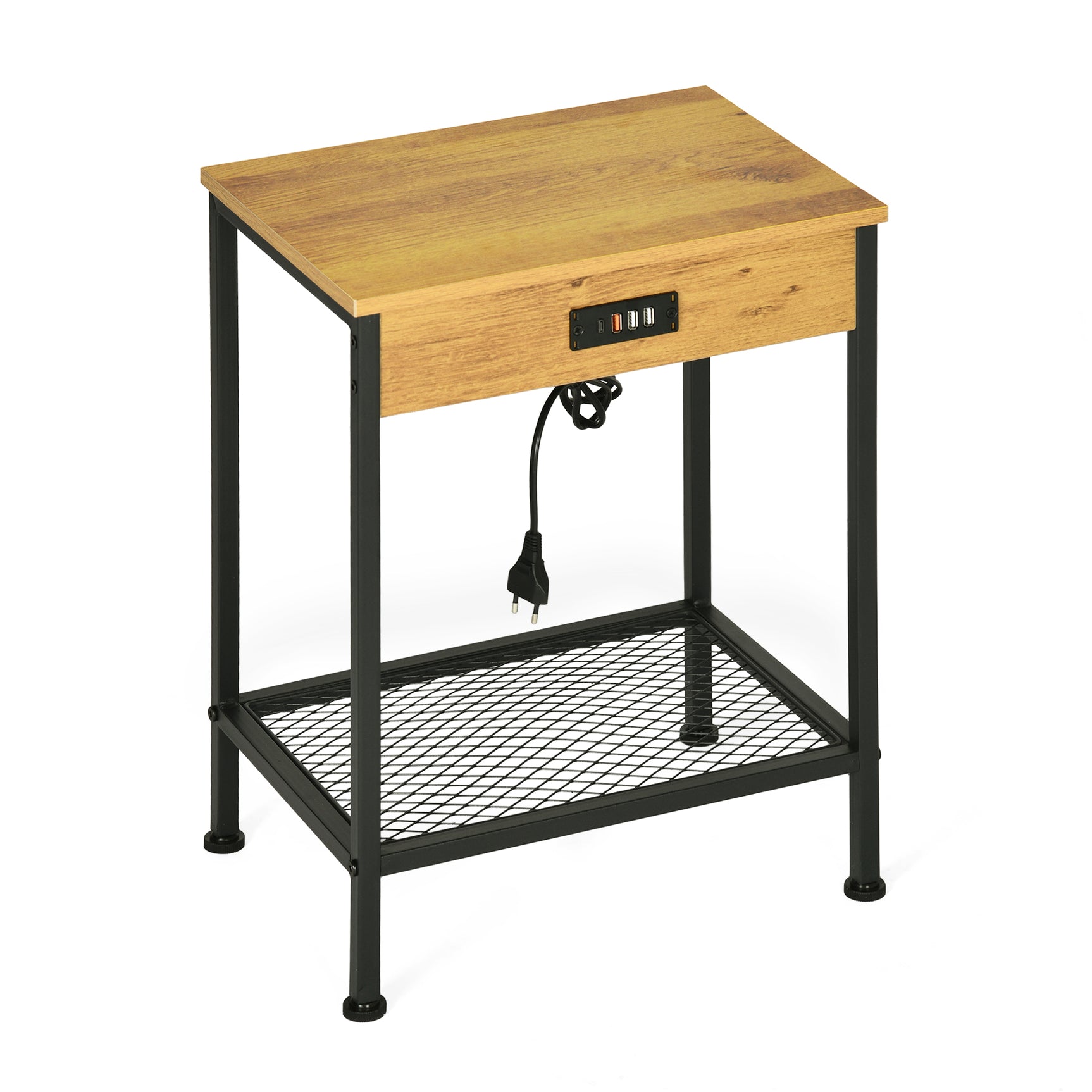 Table d'appoint/Bout de canapé design industriel en chêne et métal noir avec double plateau et ports USB intégrés - OAKHAM