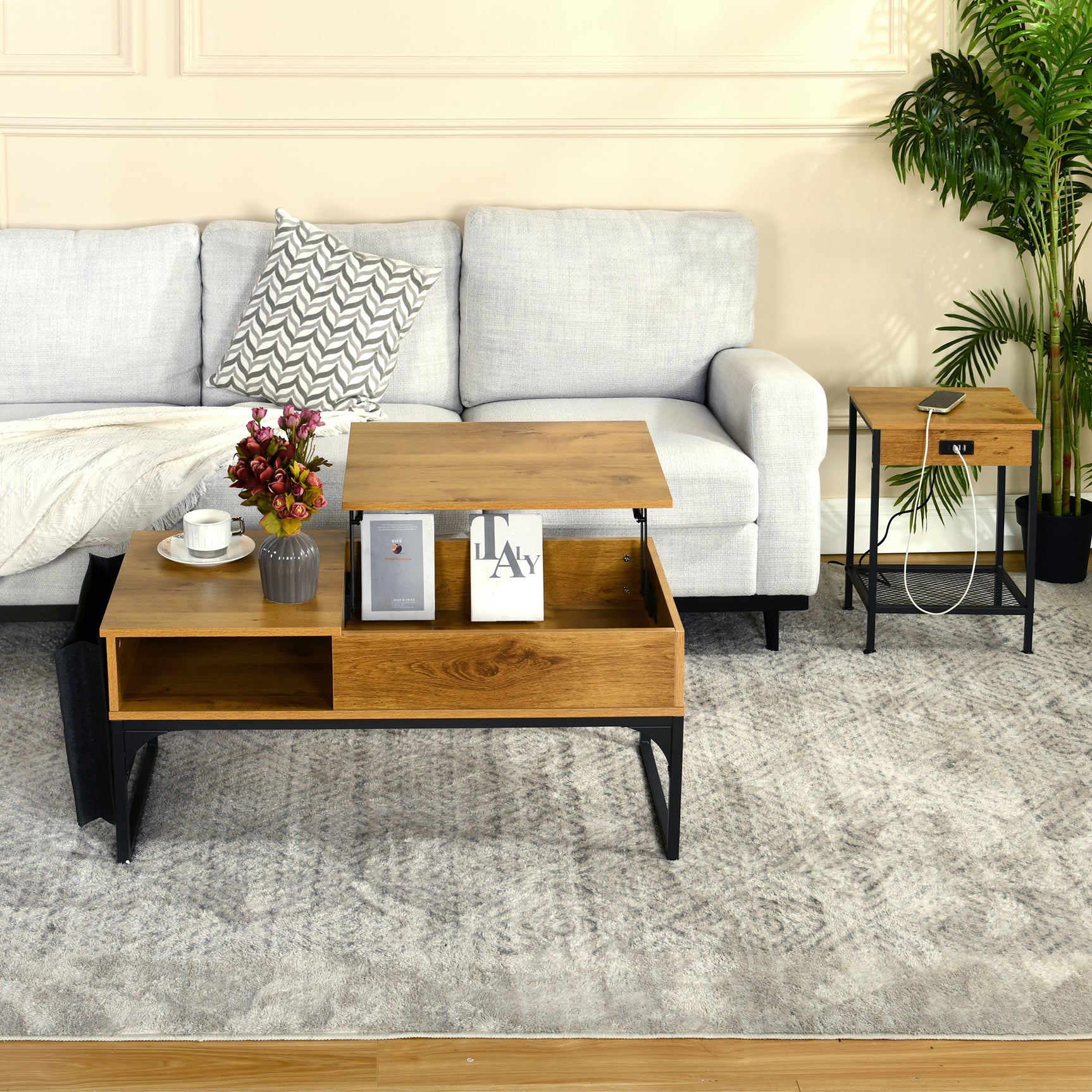 Table basse relevable style industriel avec rangement caché, plateau élévateur et pochette latérale, bois de chêne et métal noir - ZOLA