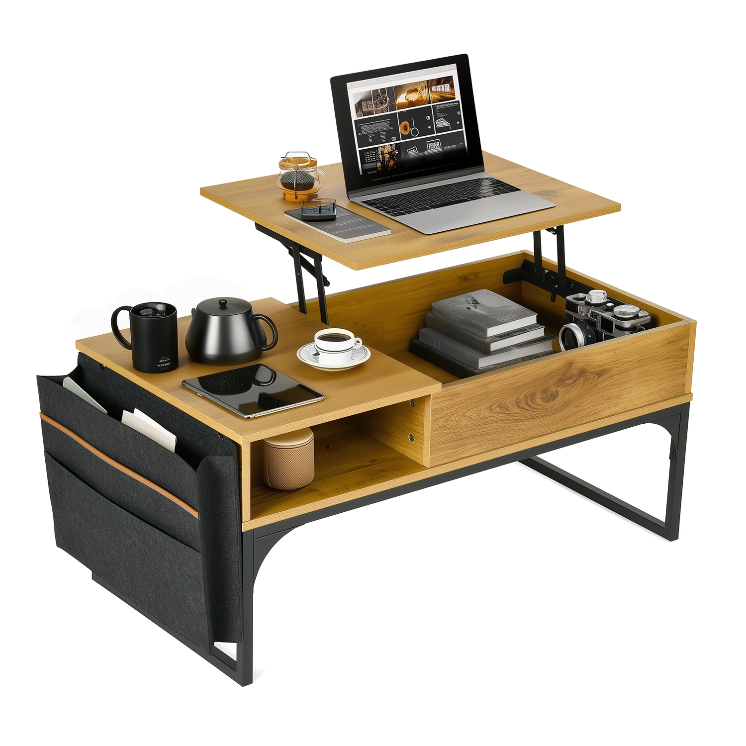 Table basse relevable style industriel avec rangement caché, plateau élévateur et pochette latérale, bois de chêne et métal noir - ZOLA