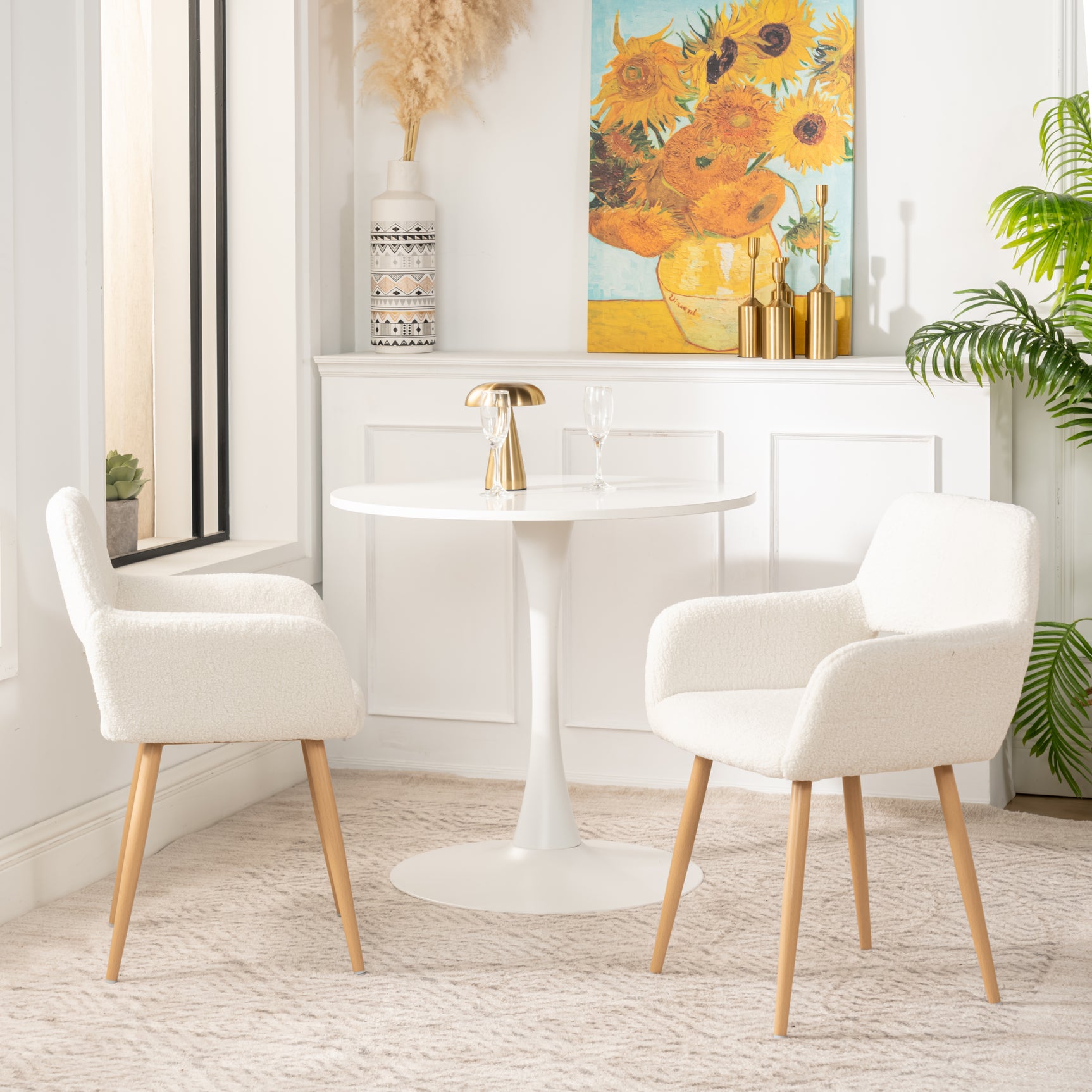 Lot de 6 fauteuils de salle à manger scandinaves avec accoudoirs en tissu mouton bouclette beige - CROMWELL