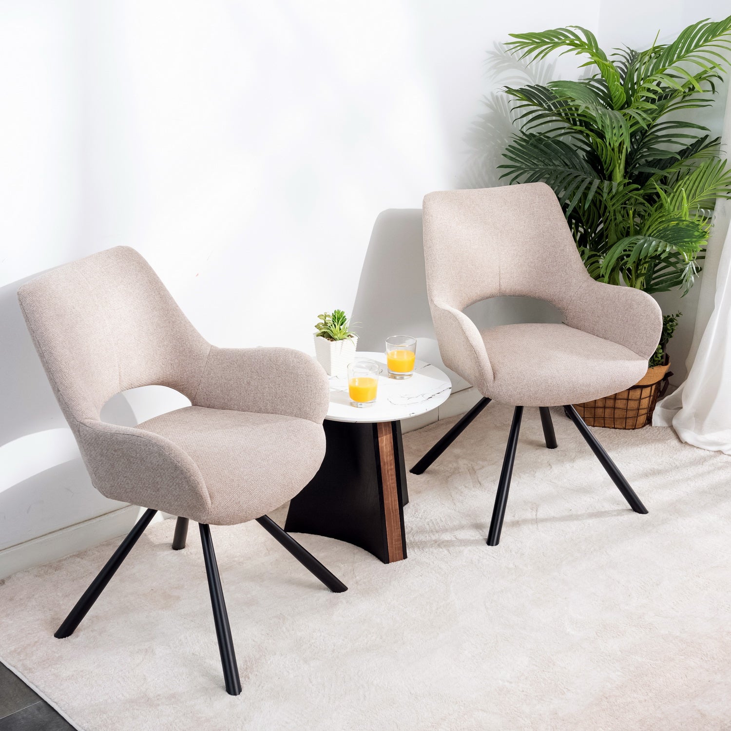 Lot de 6 chaises de salle à manger scandinaves avec accoudoirs en tissu beige - BETH