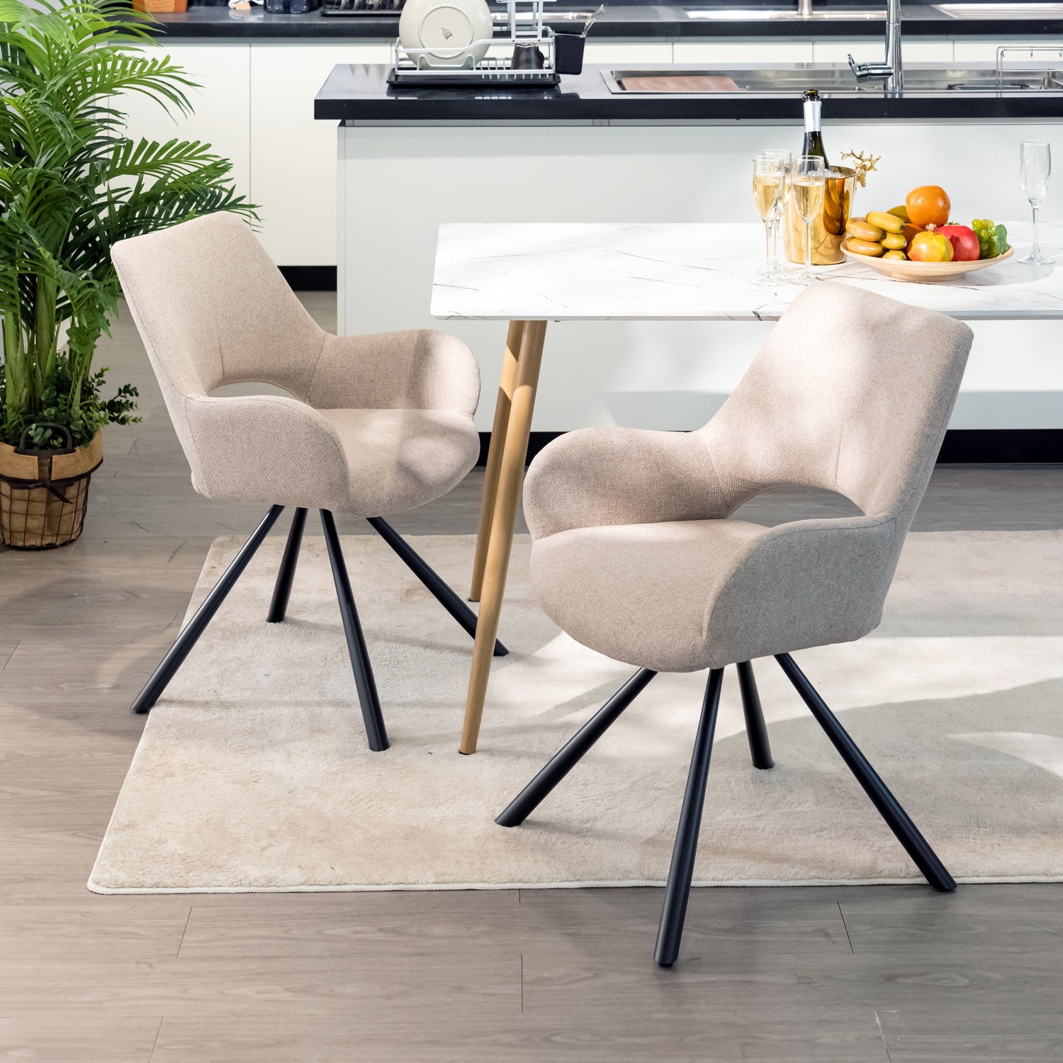 Lot de 6 chaises de salle à manger scandinaves avec accoudoirs en tissu beige - BETH