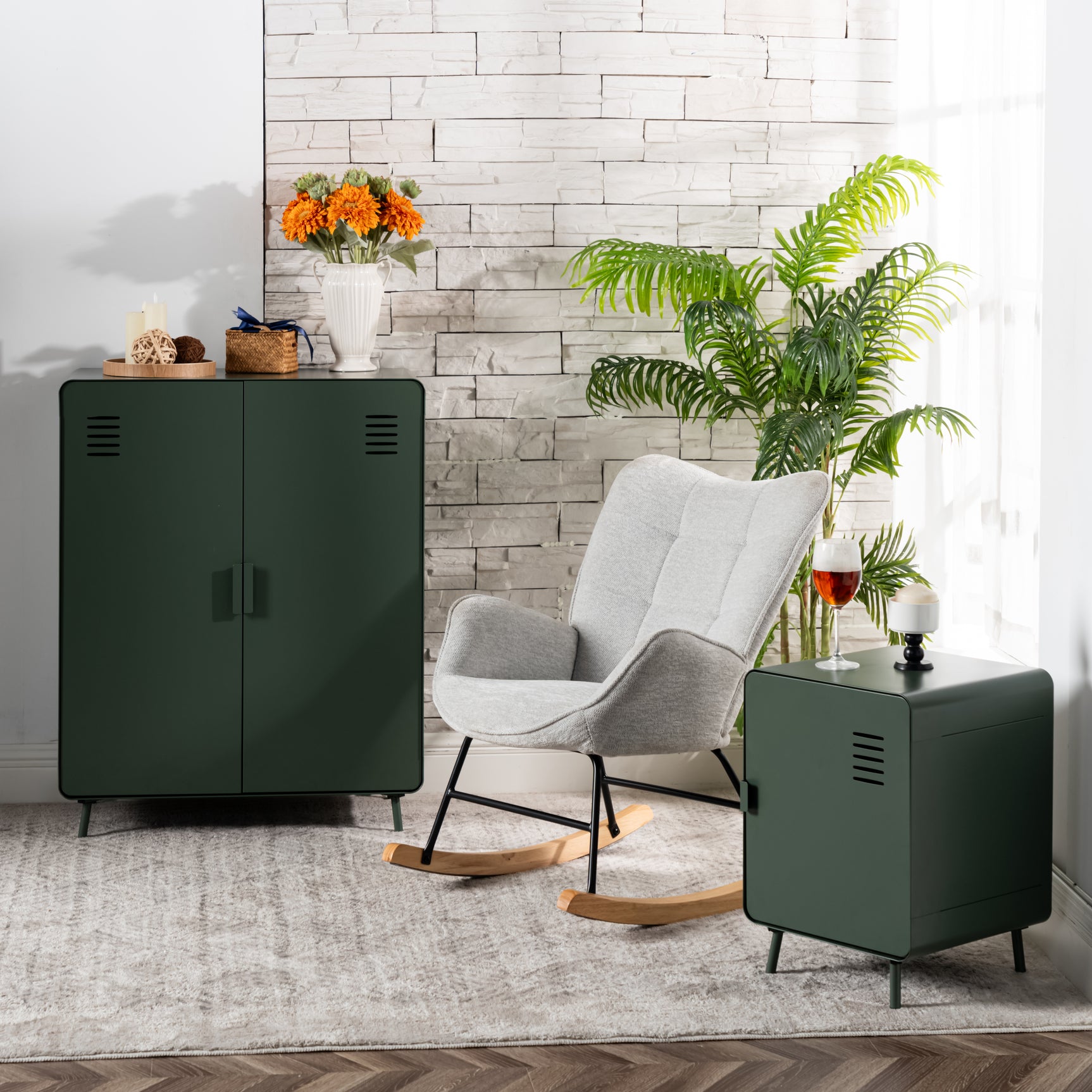 Table de chevet en métal vert style industriel avec rangement et étagère - WALNUT