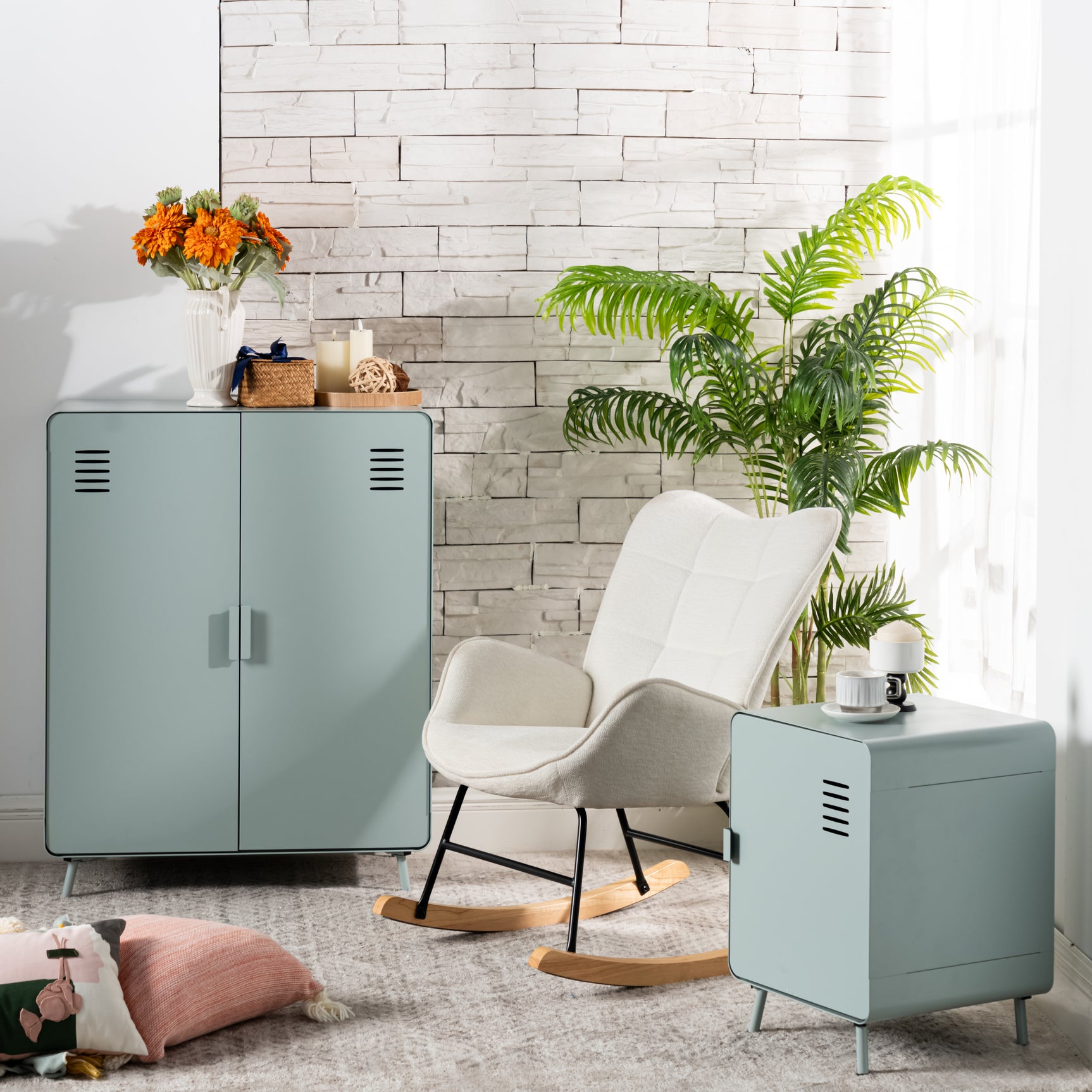 Table de chevet en métal vert clair style industriel avec rangement et étagère - WALNUT