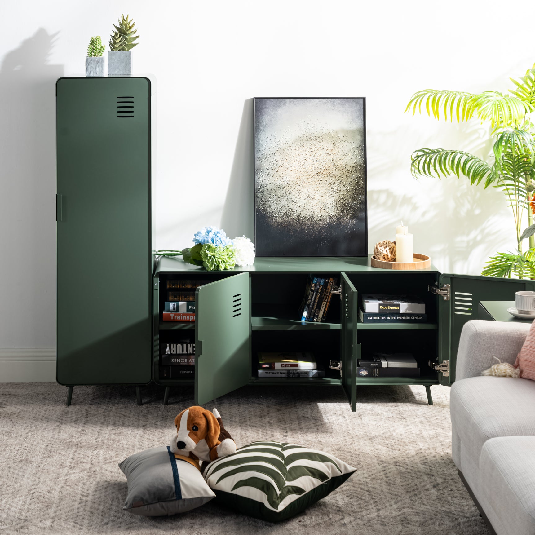 Meuble TV/Buffet salon en métal vert 3 portes et plateau en bois avec étagères - WALNUT