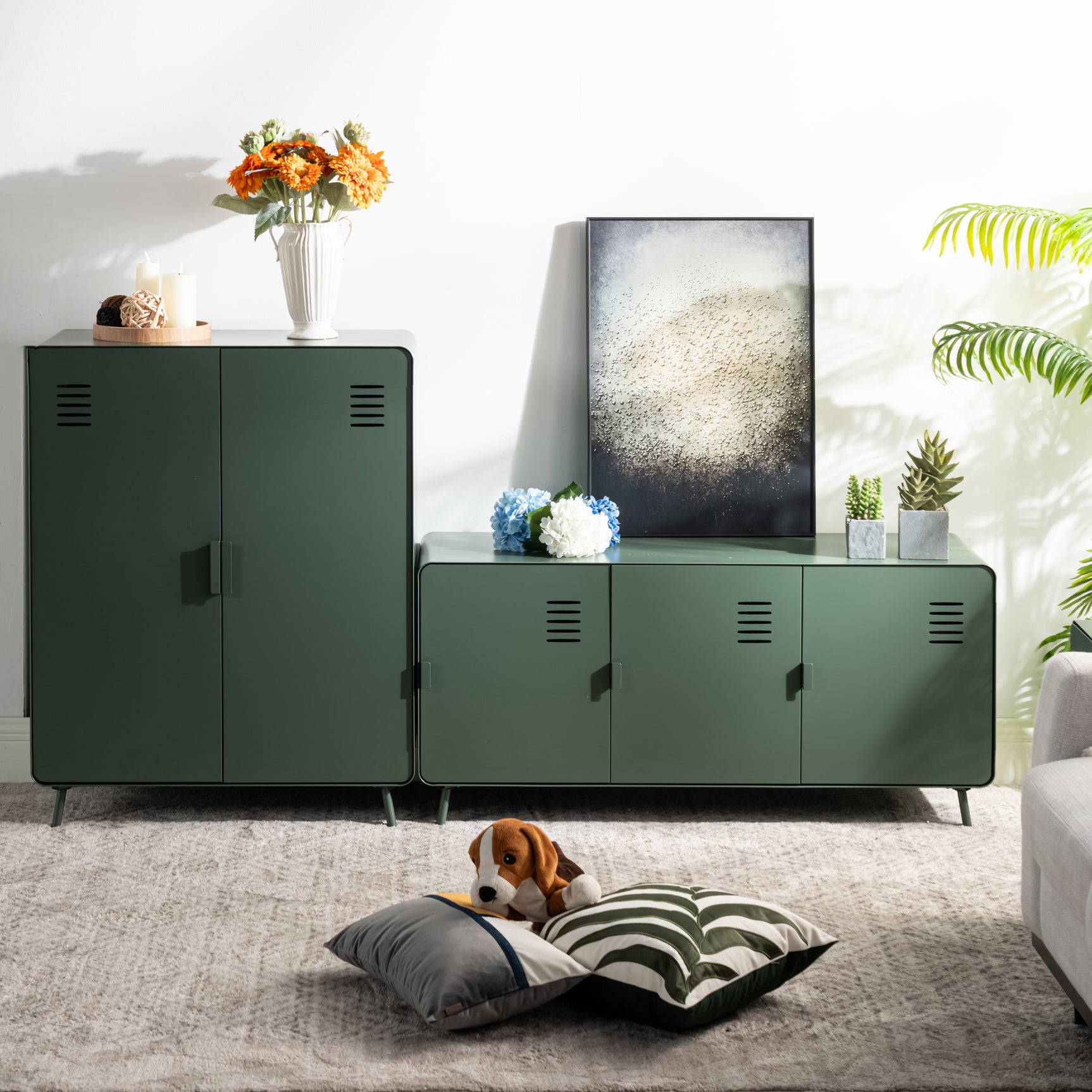 Meuble TV/Buffet salon en métal vert 3 portes et plateau en bois avec étagères - WALNUT