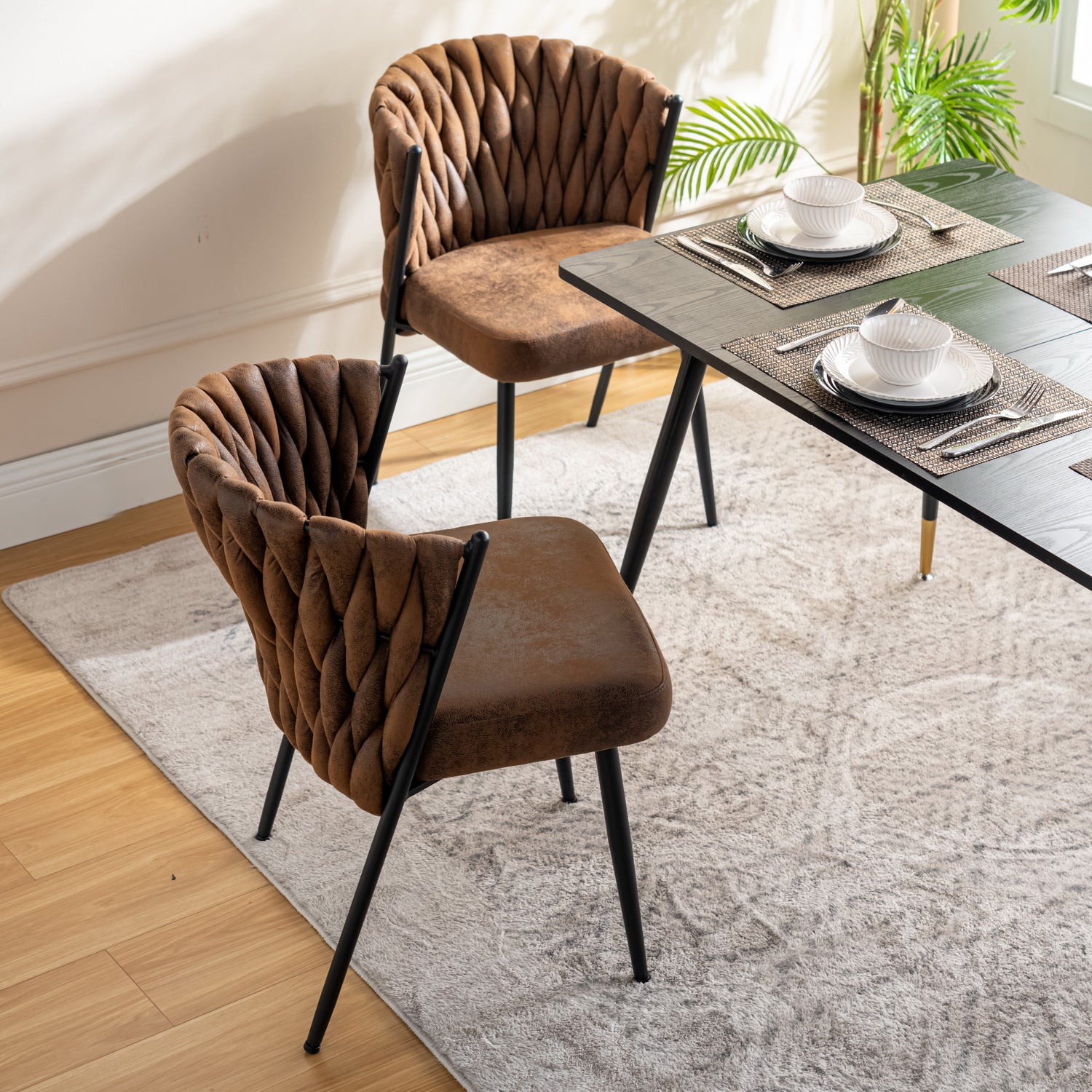 Lot de 6 chaises de salle à manger style rétro vintage avec dossier tressé en suédine marron - MILIANA