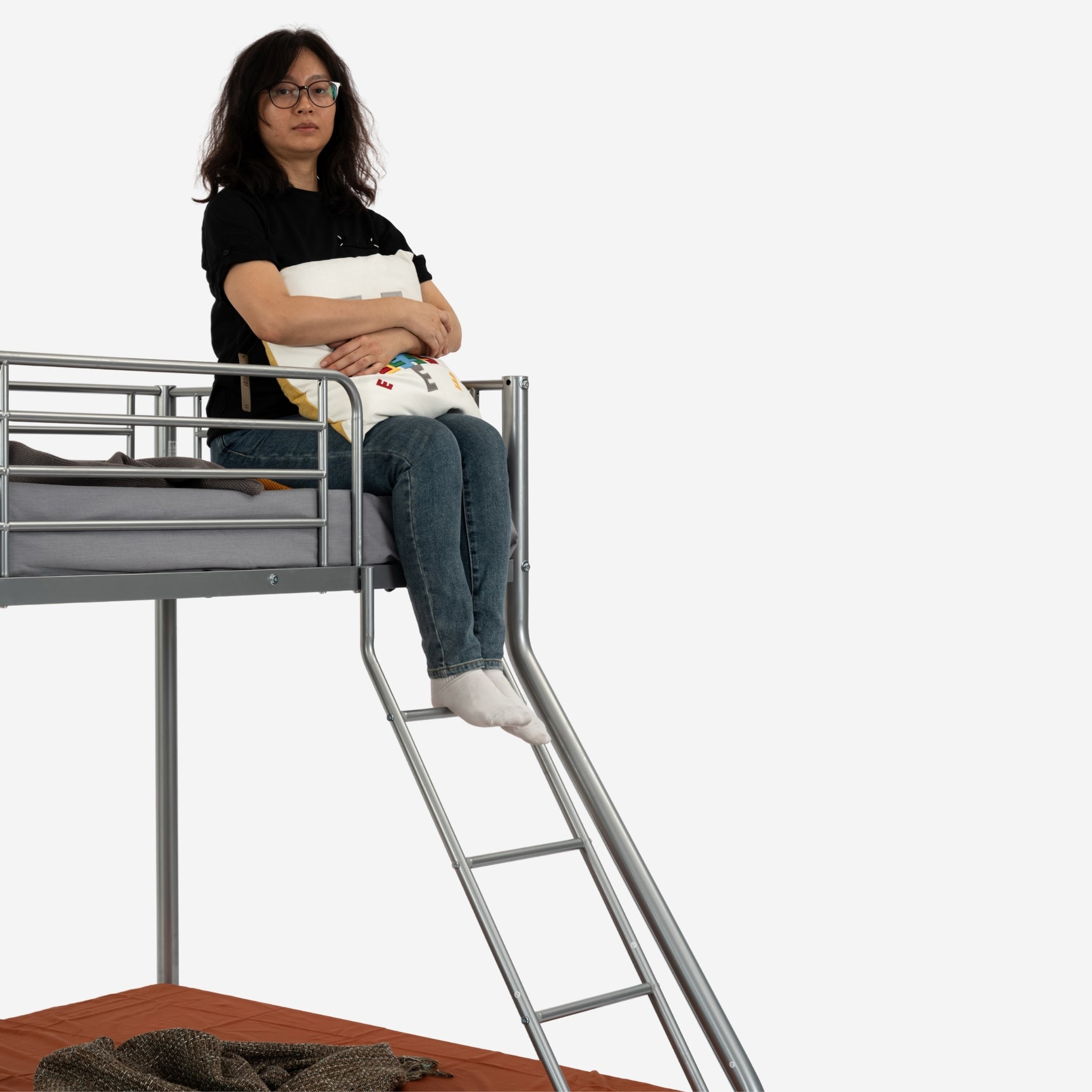 Lit superposé 3 places et 2 étages en métal argenté avec échelle 140x190cm et 90x190cm (matelas non inclus) - JAZZ