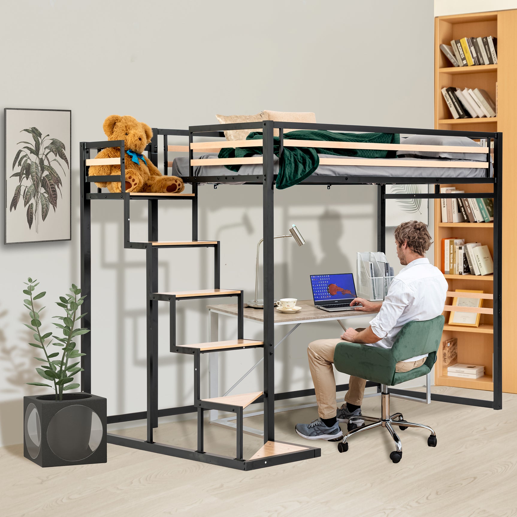 Lit mezzanine 2 places (140x200) avec sommier à lattes au style industriel noir et bois (matelas non inclus) - UP