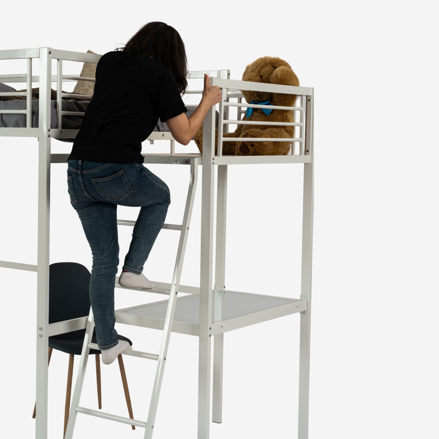 Mezzanine Bett 2 Plätze in Weißmetall mit integriertem Schreibtisch, Schlaf von 140 x 190 cm (Matratze nicht enthalten) - Lionel