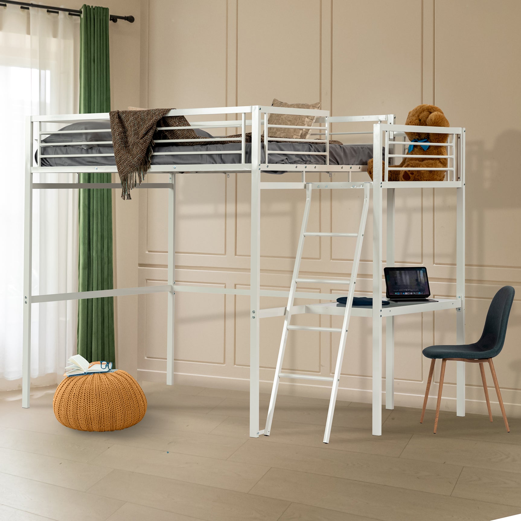 Mezzanine Bett 2 Plätze in Weißmetall mit integriertem Schreibtisch, Schlaf von 140 x 190 cm (Matratze nicht enthalten) - Lionel