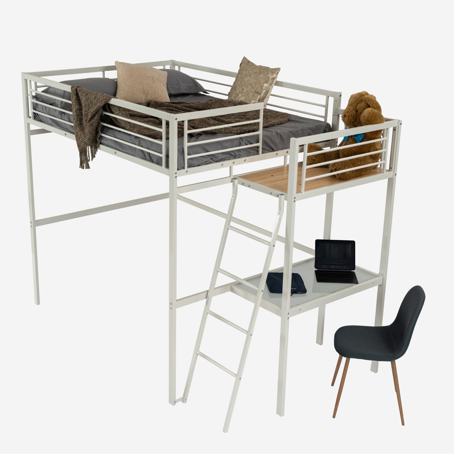 Mezzanine Bett 2 Plätze in Weißmetall mit integriertem Schreibtisch, Schlaf von 140 x 190 cm (Matratze nicht enthalten) - Lionel