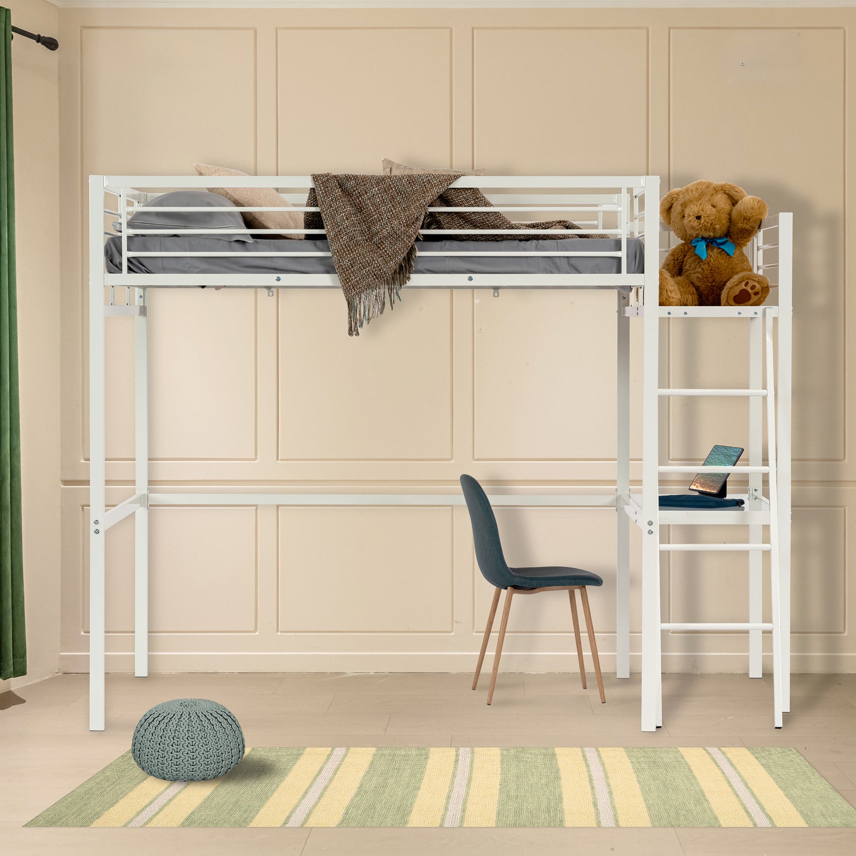 Mezzanine Bett 2 Plätze in Weißmetall mit integriertem Schreibtisch, Schlaf von 140 x 190 cm (Matratze nicht enthalten) - Lionel