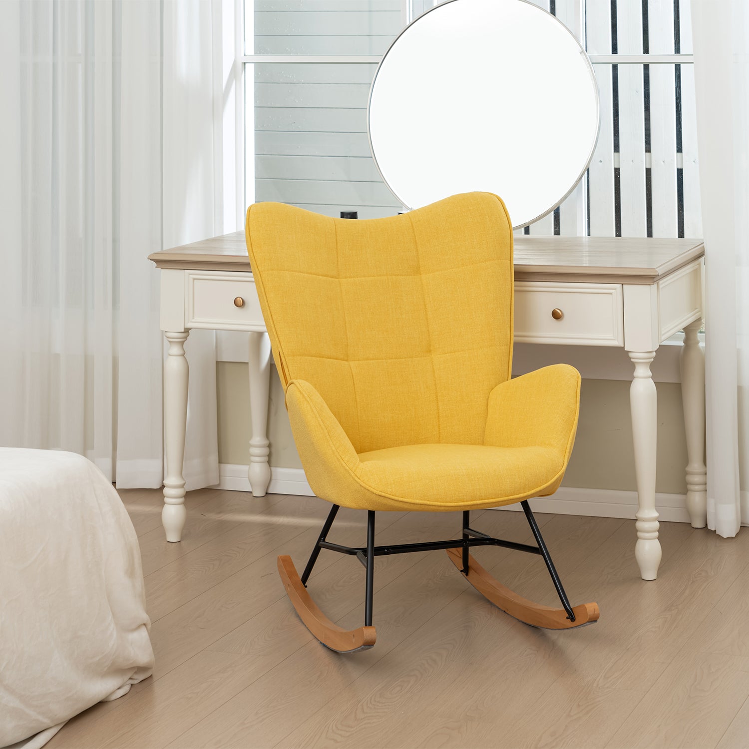 Fauteuil à bascule allaitement scandinave avec accoudoirs en tissu jaune à surpiqûres - KELAN