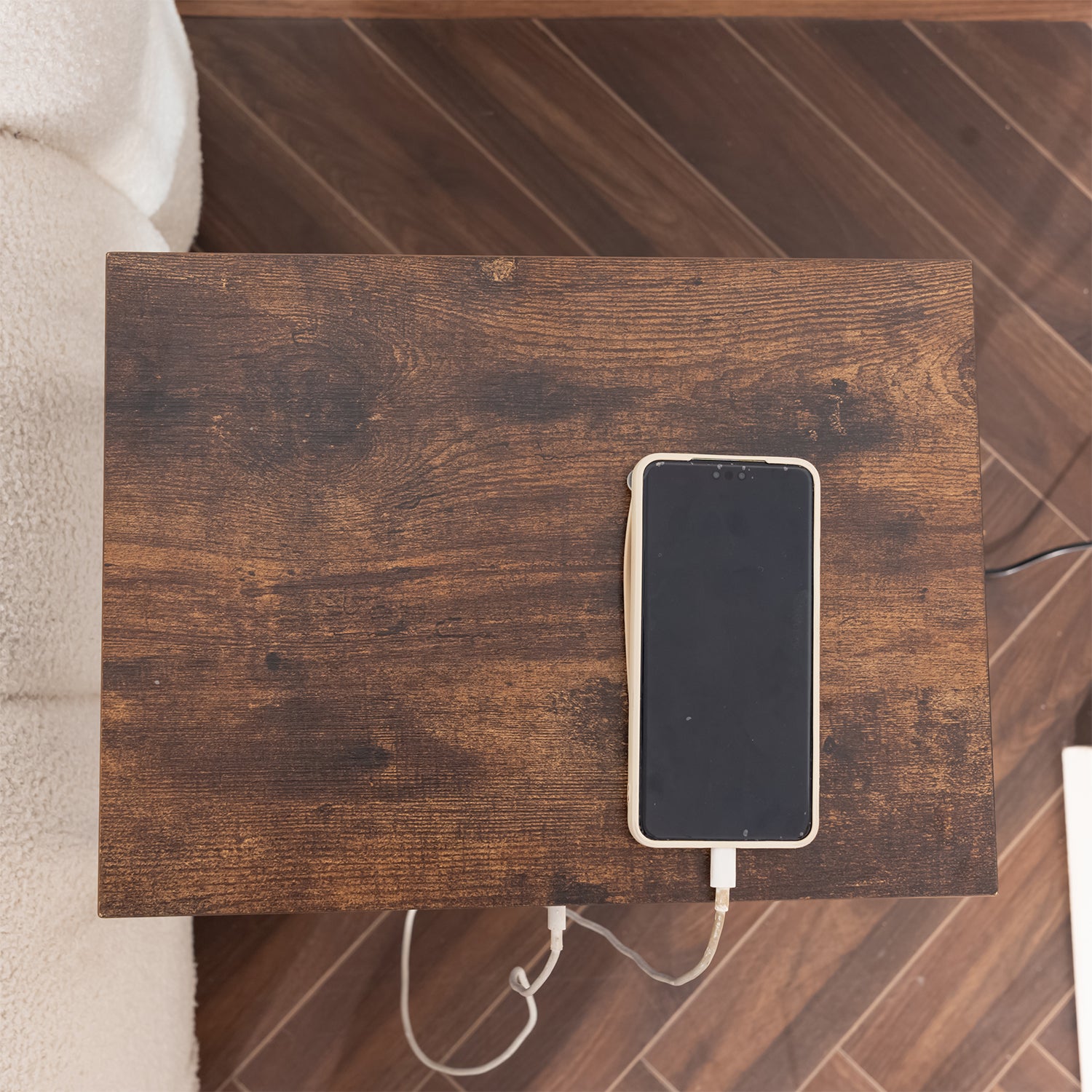 Actoint table/end of industrial design in vintage brown and black metal with double tray and integrated USB ports - Oakham