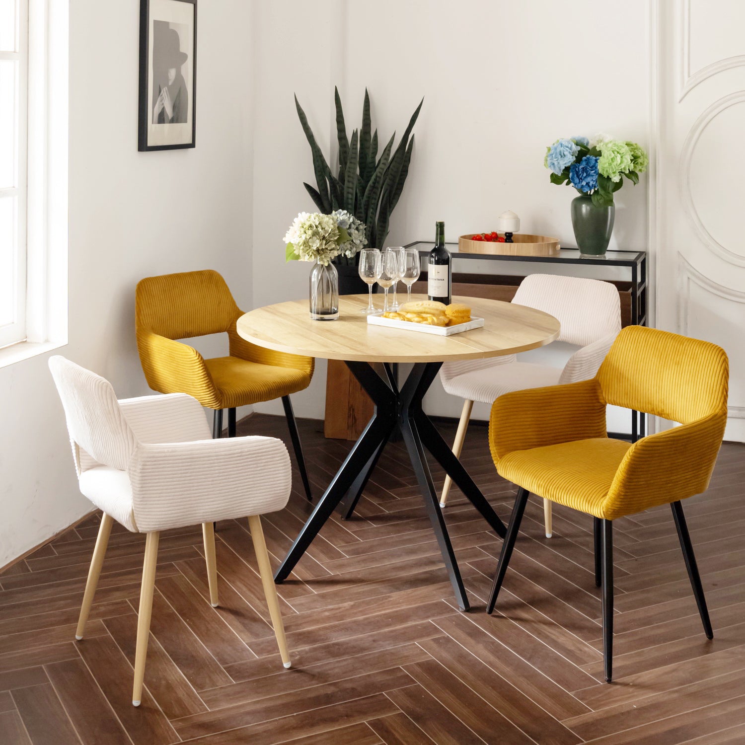 Table salle à manger ronde vintage 4 personnes en chêne et métal noir - CLIFT