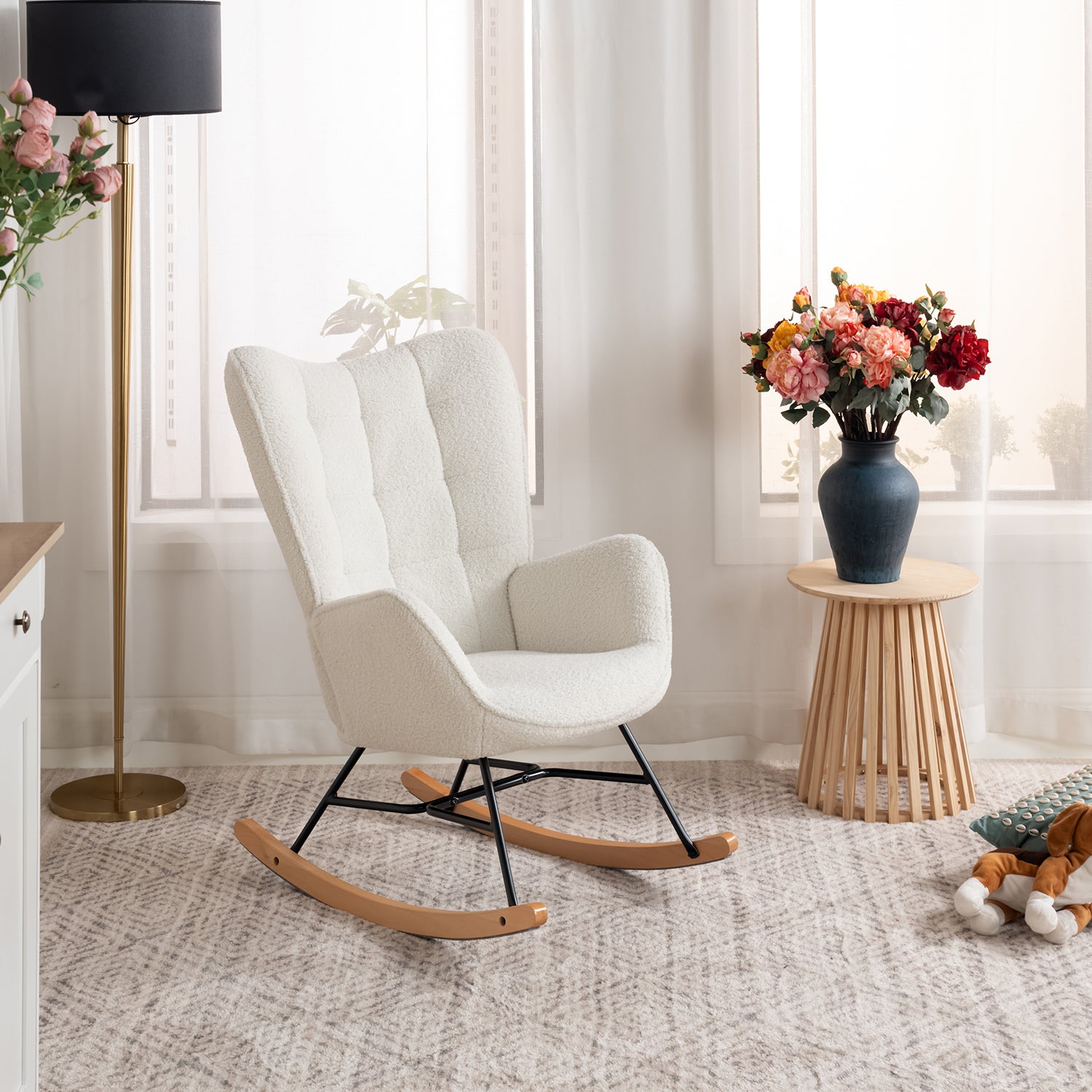 Scandinavian breastfeeding armchair with armrests in beige dicks sheep fabric with stitching - Funkel