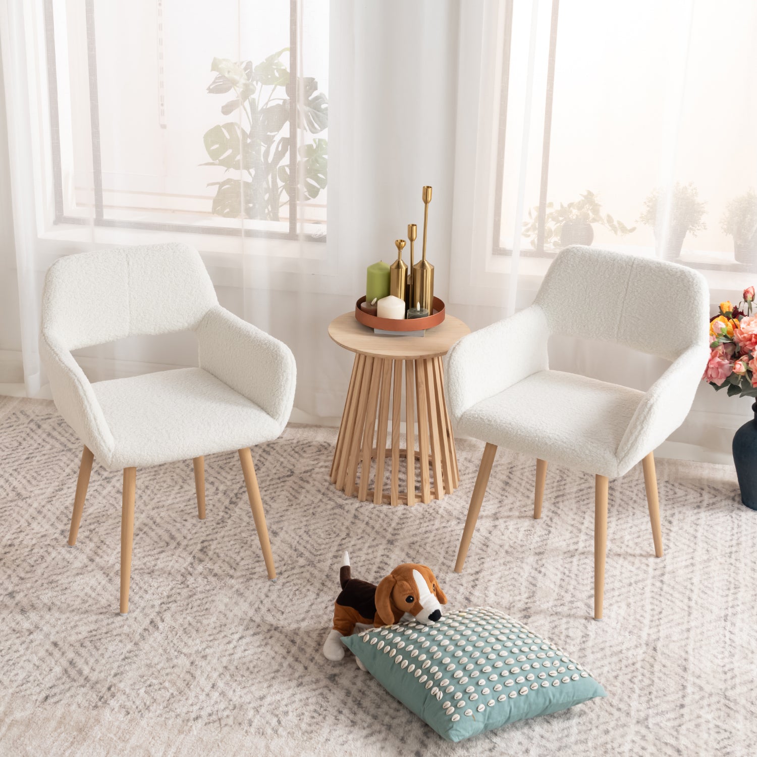 Set of 2 Scandinavian dining room armchairs with armrests in Beige Boulette Fabric - Cromwell