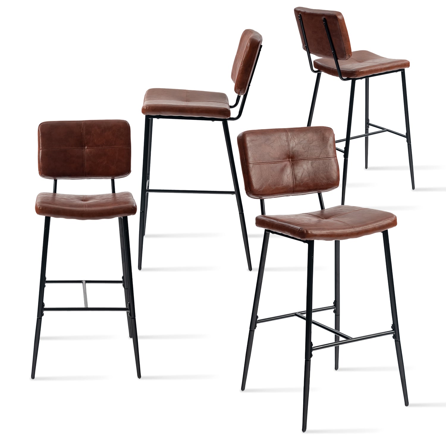 Set von 4 Industrie -Barhockern mit braun geölter Leder -Rückenlehne - Pomona Bar