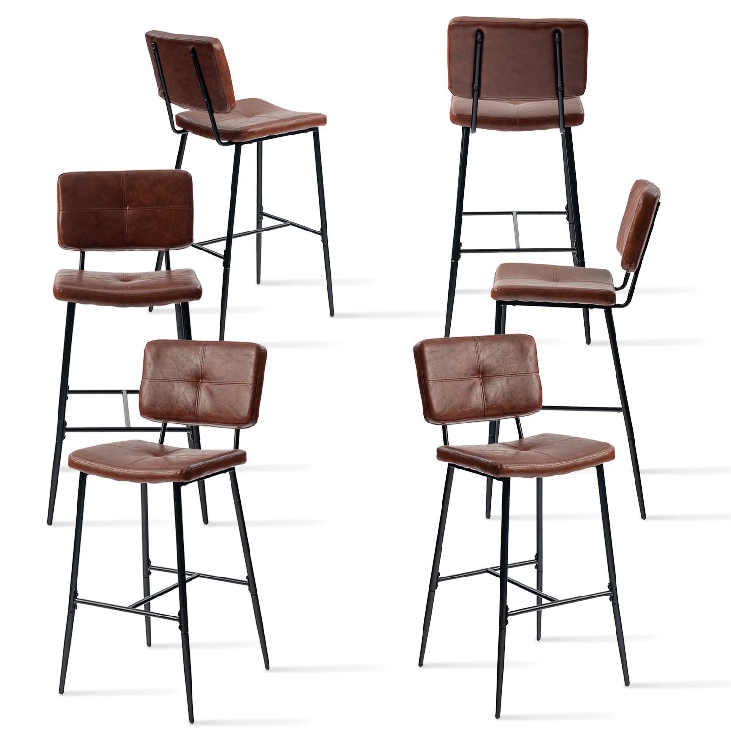 Lot de 6 tabourets de bar industriels avec dossier en cuir huilé brun  - POMONA BAR