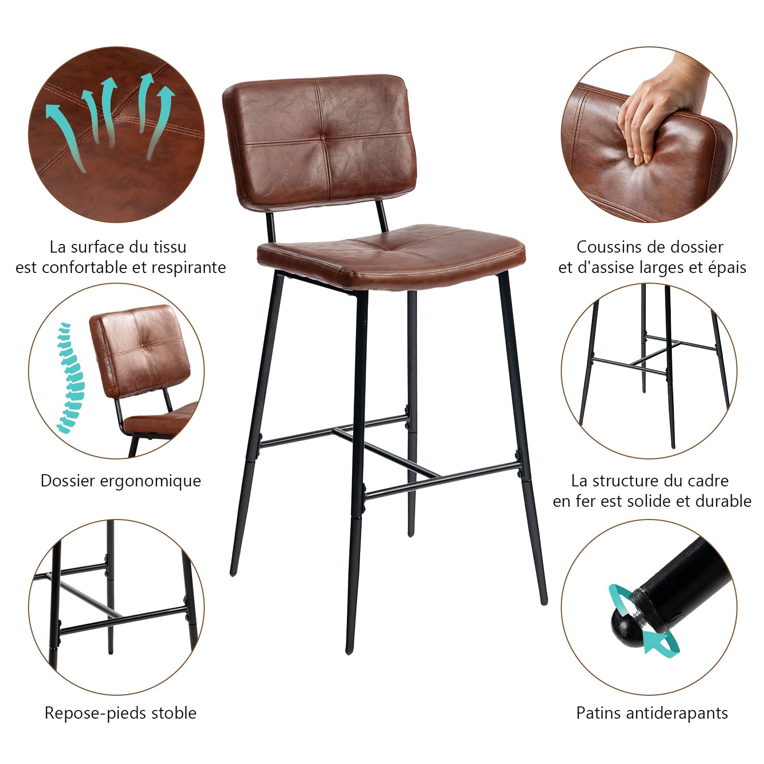 Set mit 6 industriellen Barhockern mit Rückenlehne aus braunem geöltem Leder – POMONA BAR