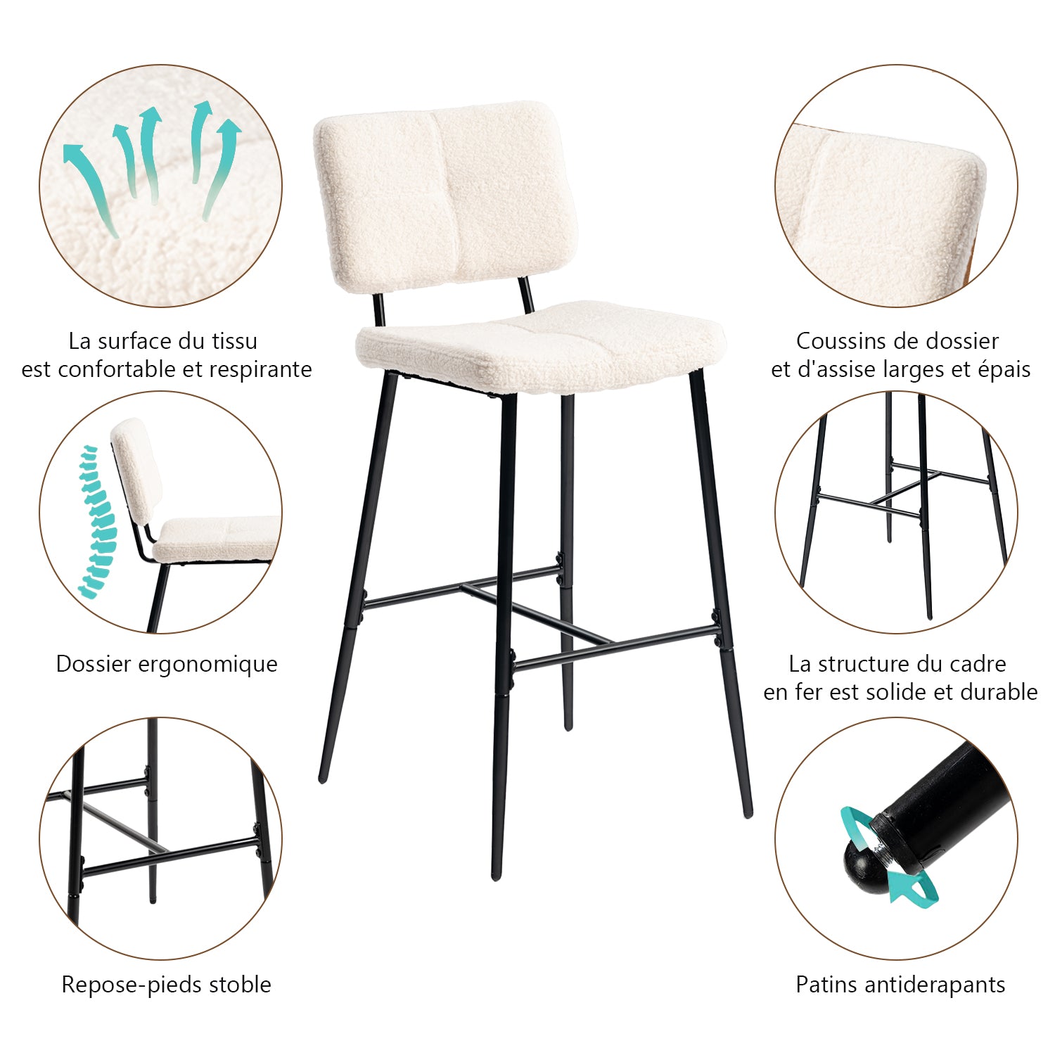 Set mit 6 skandinavischen Barhockern mit Rückenlehne aus beigem Schaffellstoff – POMONA BAR