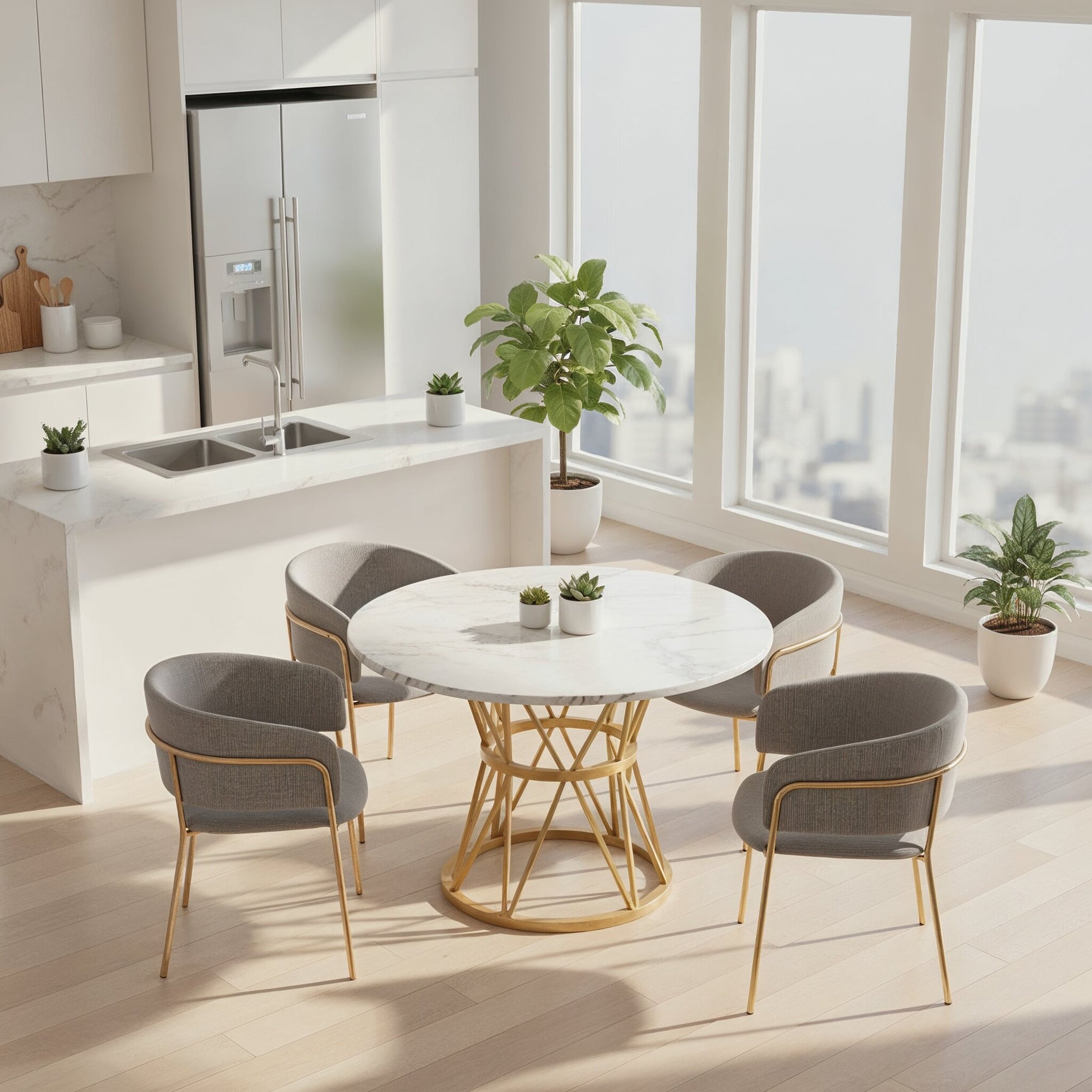 Set von 2 modernen grauen Stühlen mit gehacktem Stoff mit geneigten Holz- und Metallfüßen, ergonomischen Rückenlehnen und verstellbaren Füßen