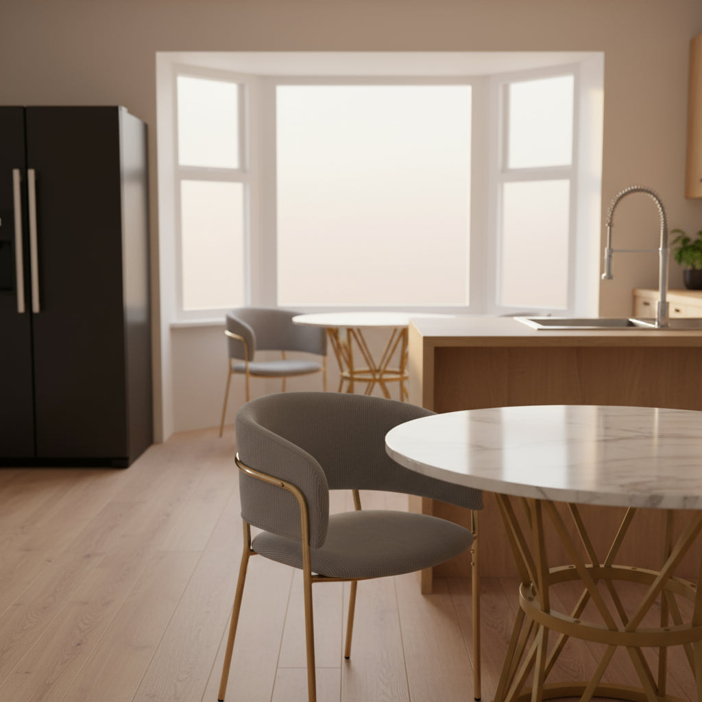 Set von 2 modernen grauen Stühlen mit gehacktem Stoff mit geneigten Holz- und Metallfüßen, ergonomischen Rückenlehnen und verstellbaren Füßen