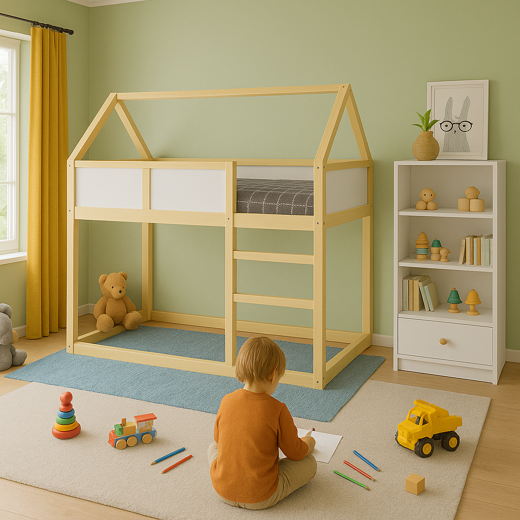 Hochbett für Kinder 90x200 cm aus Massivholz mit Leiter, Kabinendesign und Naturholzoberfläche