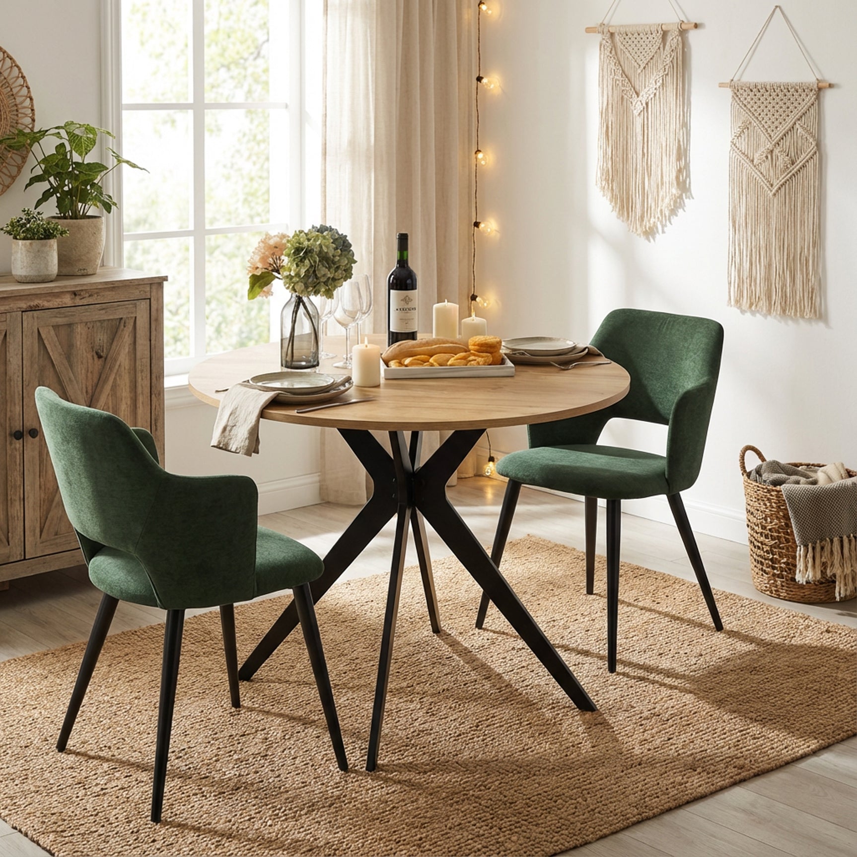 Ensemble table à manger ronde en chêne avec pieds en forme de X et 2 fauteuils en tissu vert de style scandinave pour salle à manger