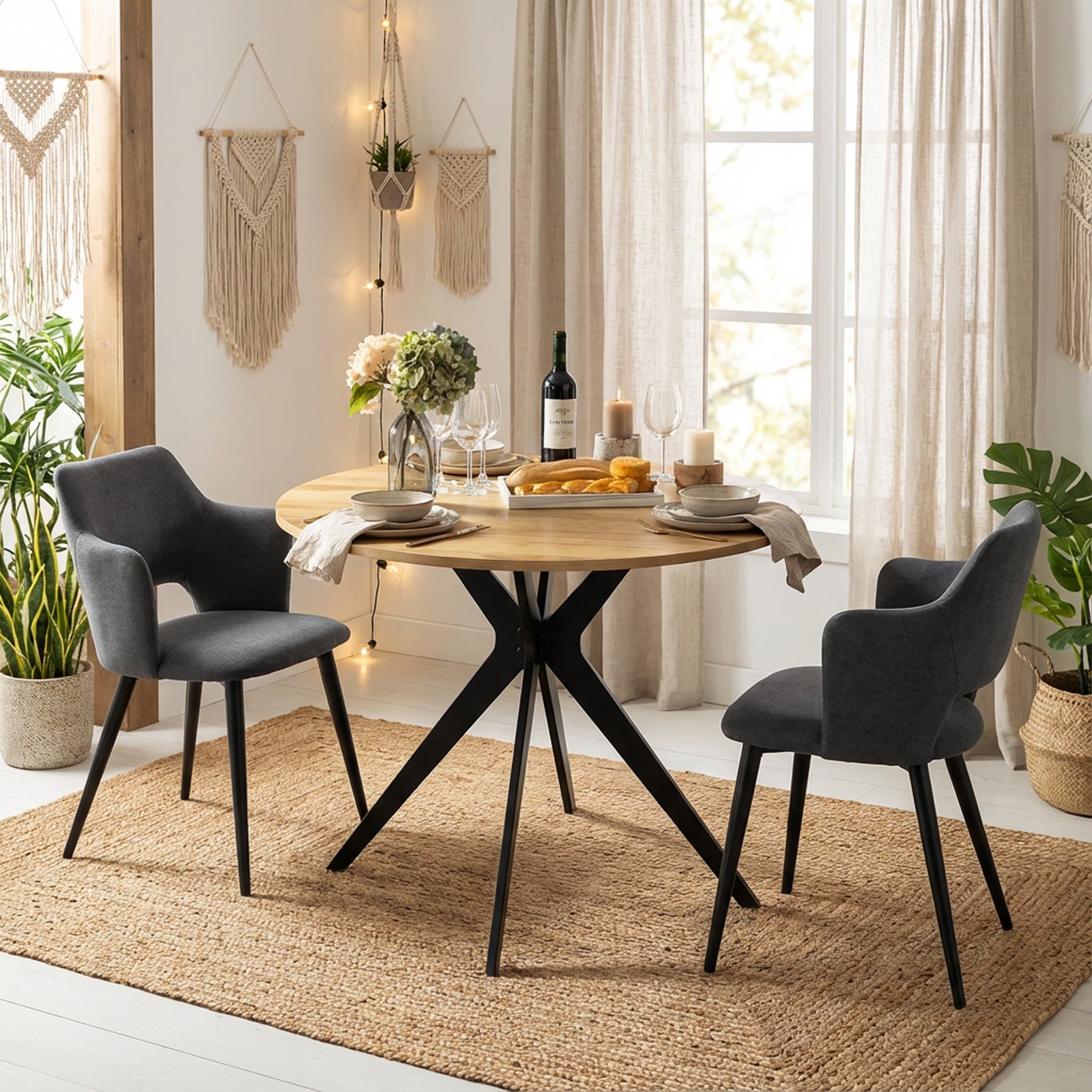Ensemble table à manger ronde en chêne avec pieds en forme de X et 2 fauteuils en tissu gris de style scandinave pour salle à manger
