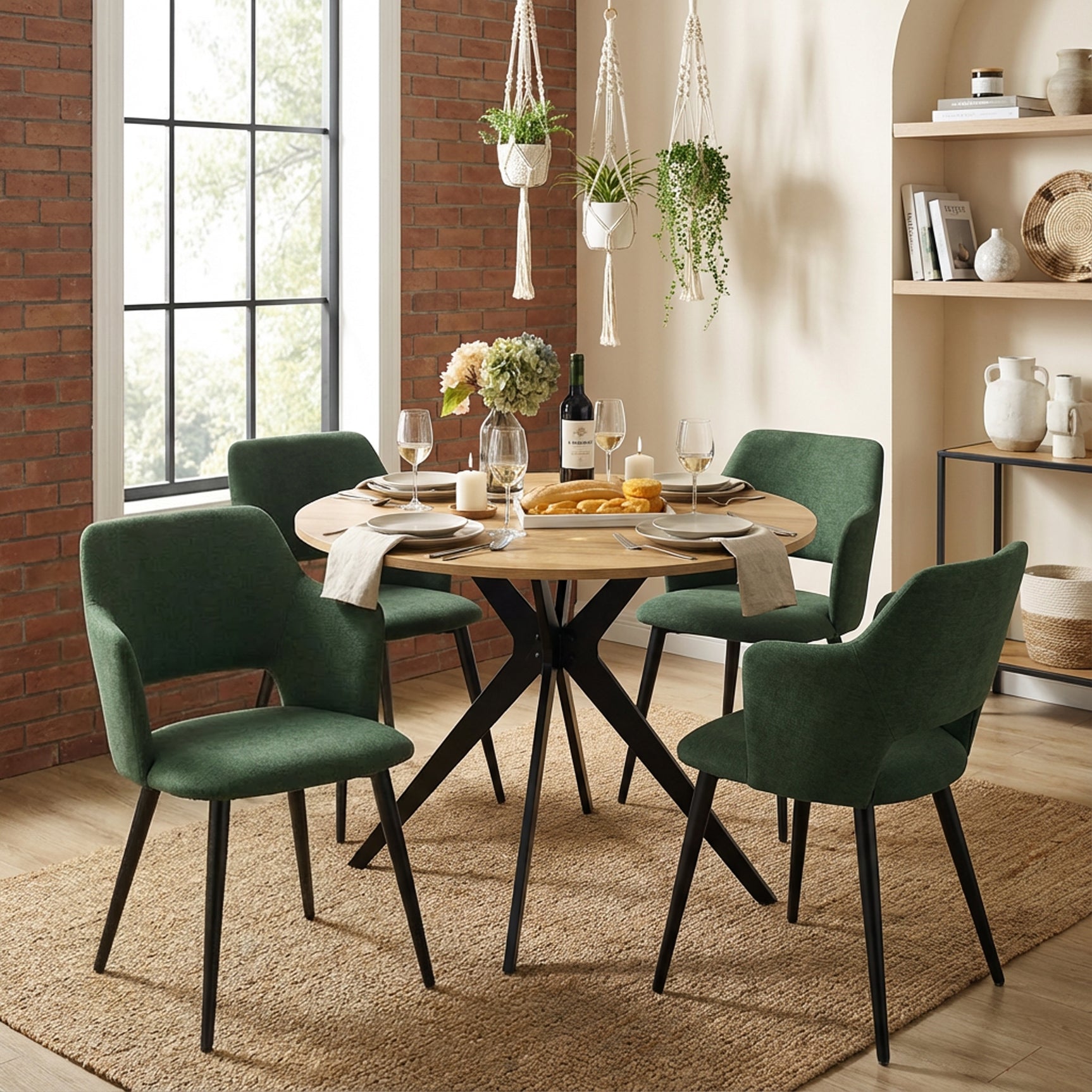 Ensemble table à manger ronde en chêne avec pieds en forme de X et 4 fauteuils en tissu vert de style scandinave pour salle à manger