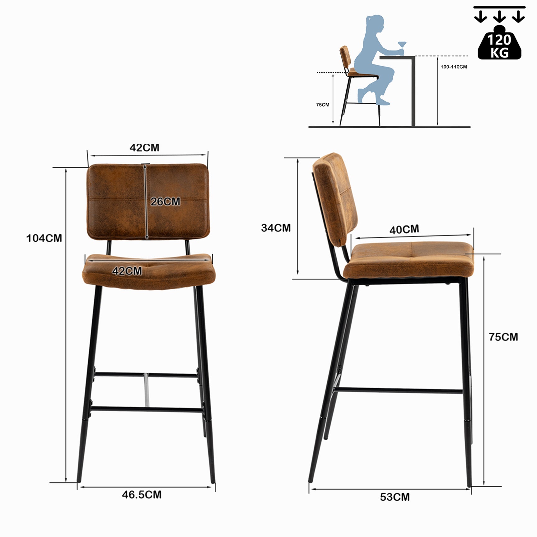 Set of 4 industrial bar stools with suede back - POMONA BAR