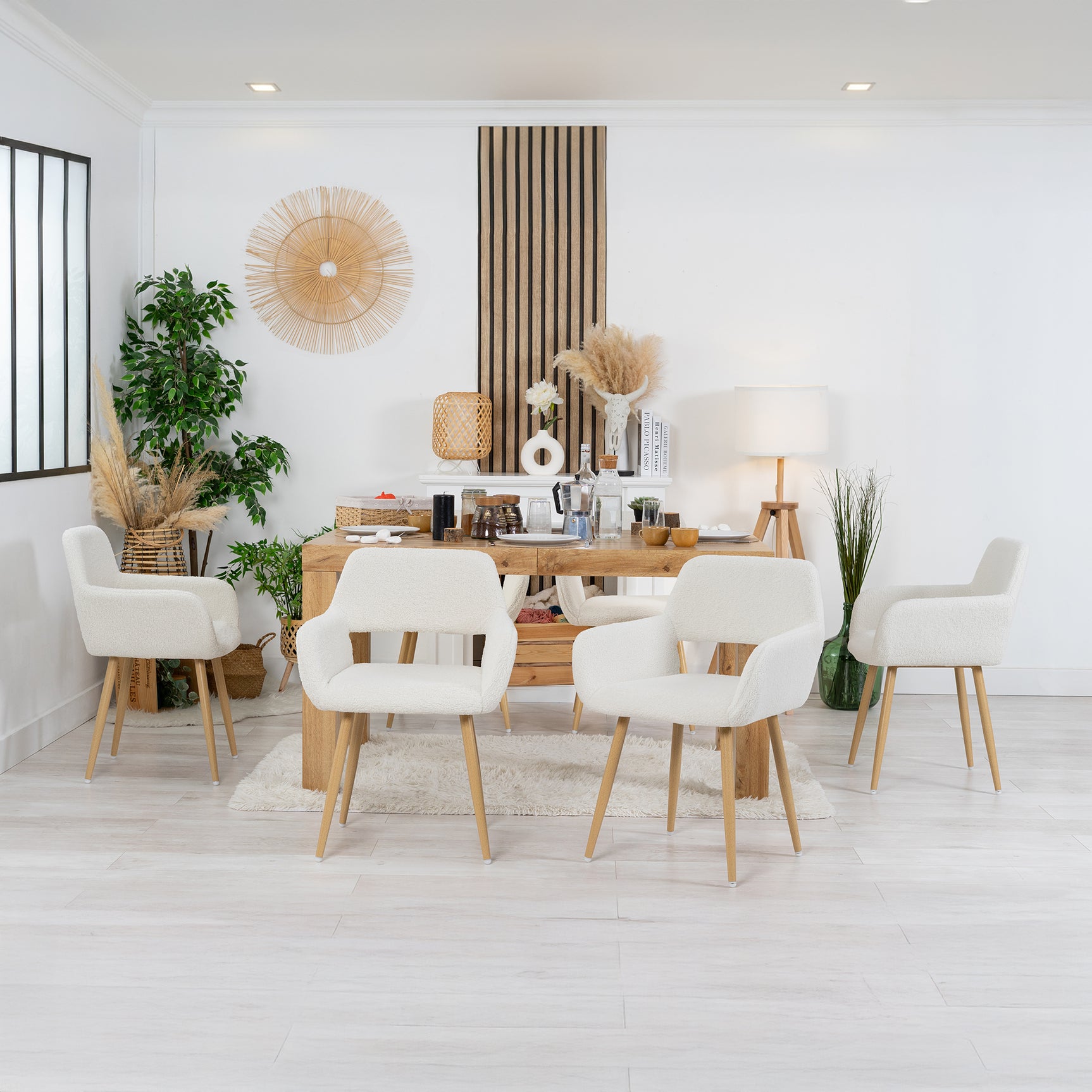 Lot de 6 fauteuils de salle à manger scandinaves avec accoudoirs en tissu mouton bouclette beige - CROMWELL
