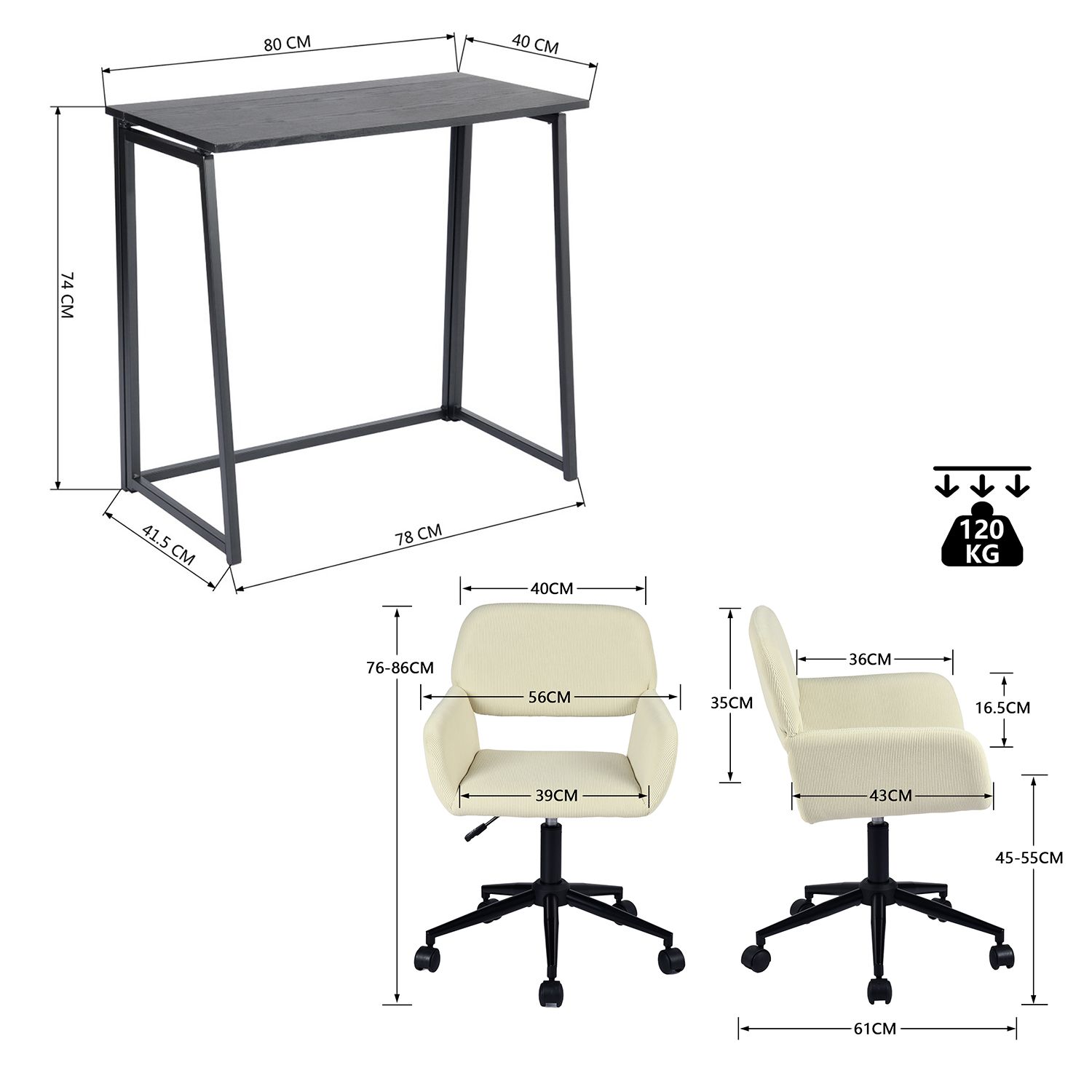 Ensemble bureau pliable en métal noir et fauteuil de bureau en velours côtelé beige ââ‚?ASCOLI & ROSS
