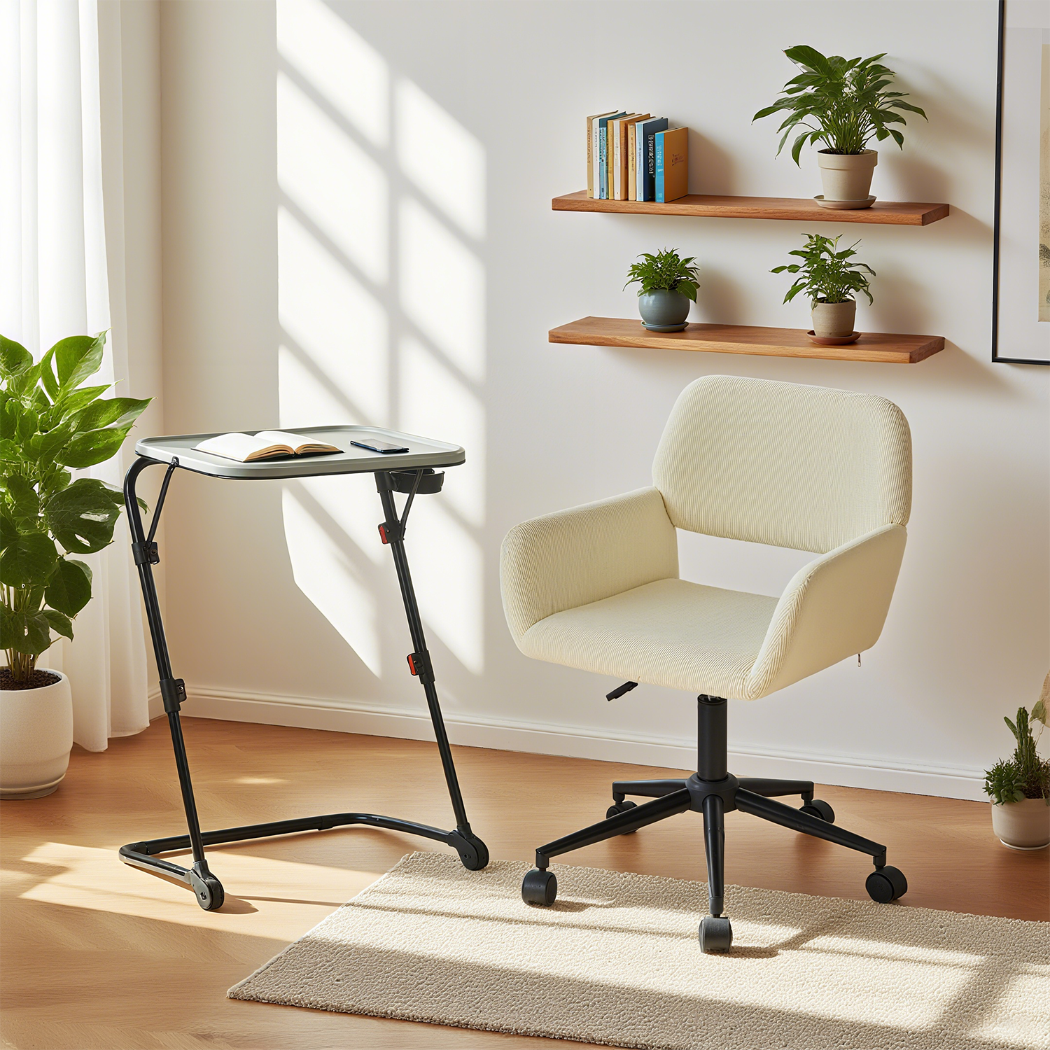 Set mit grauem Klapp-Beistelltisch und beigem Cord-Bürostuhl – BASELINE & ROSS