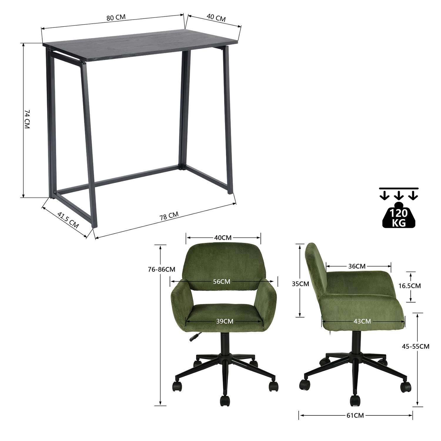 Ensemble bureau pliable en métal noir et fauteuil de bureau en velours côtelé vert olive ââ‚?ASCOLI & ROSS