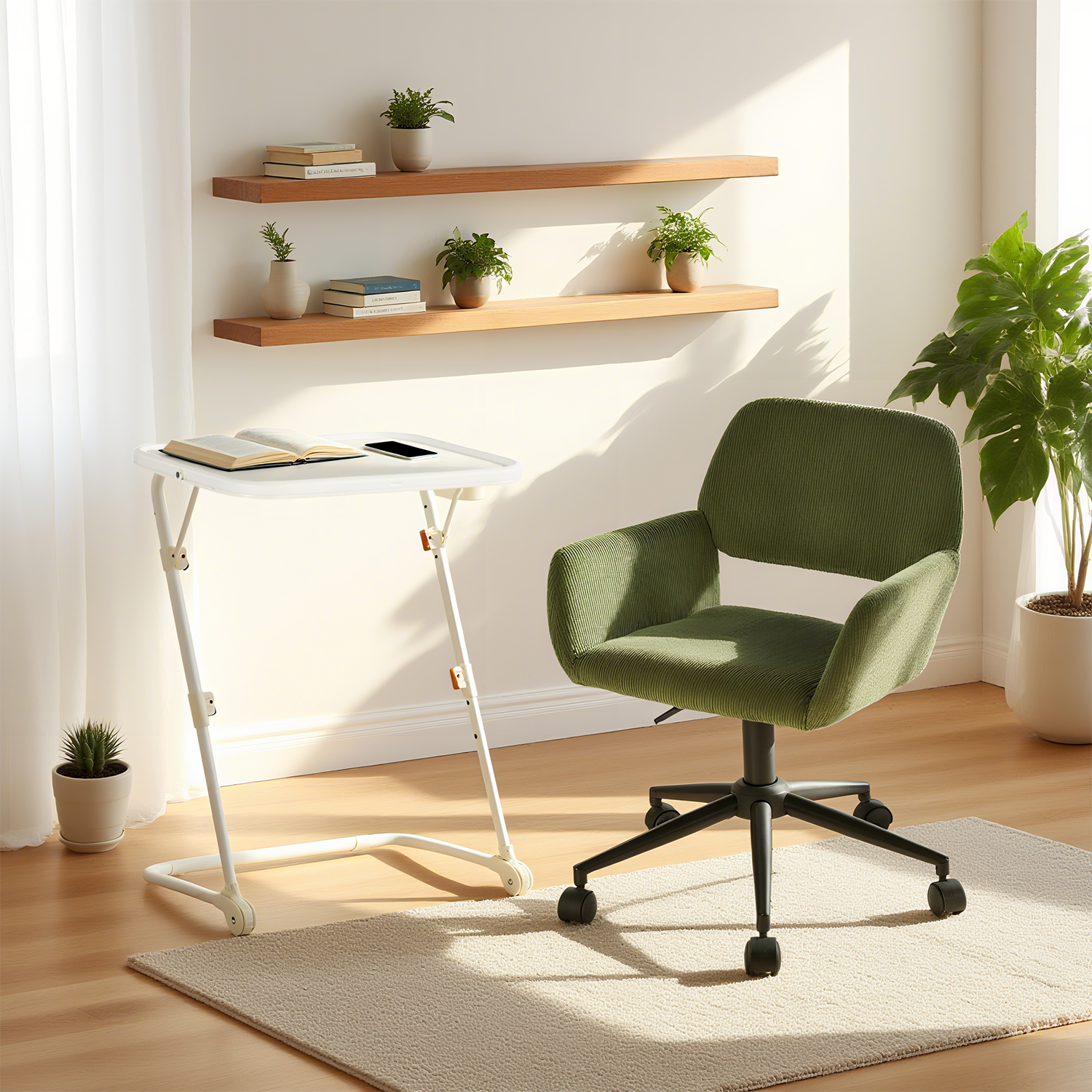 Ensemble avec table d’appoint blanche pliable et fauteuil de bureau en velours côtelé vert olive ââ‚?BASELINE & ROSS