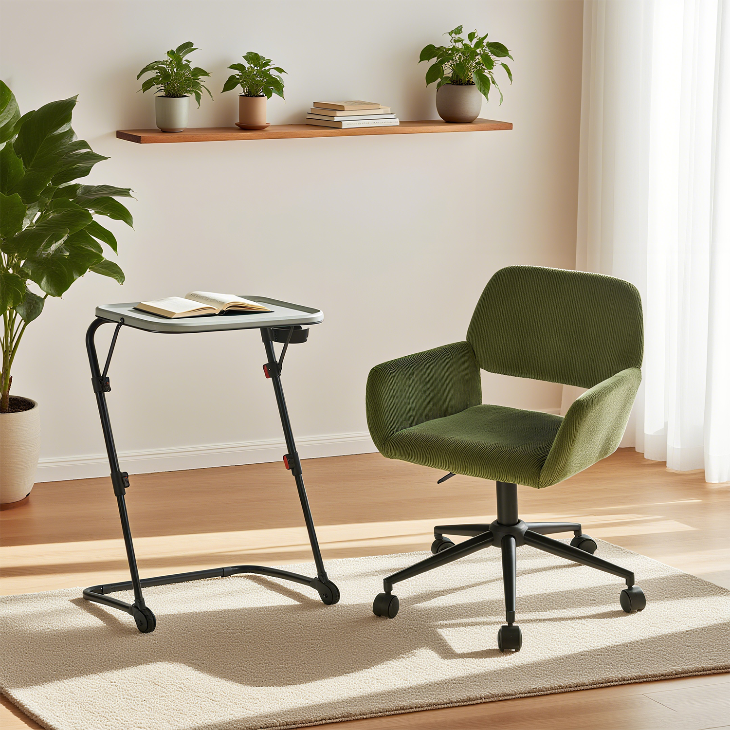 Ensemble avec table d’appoint grise pliable et fauteuil de bureau en velours côtelé vert olive ââ‚?BASELINE & ROSS