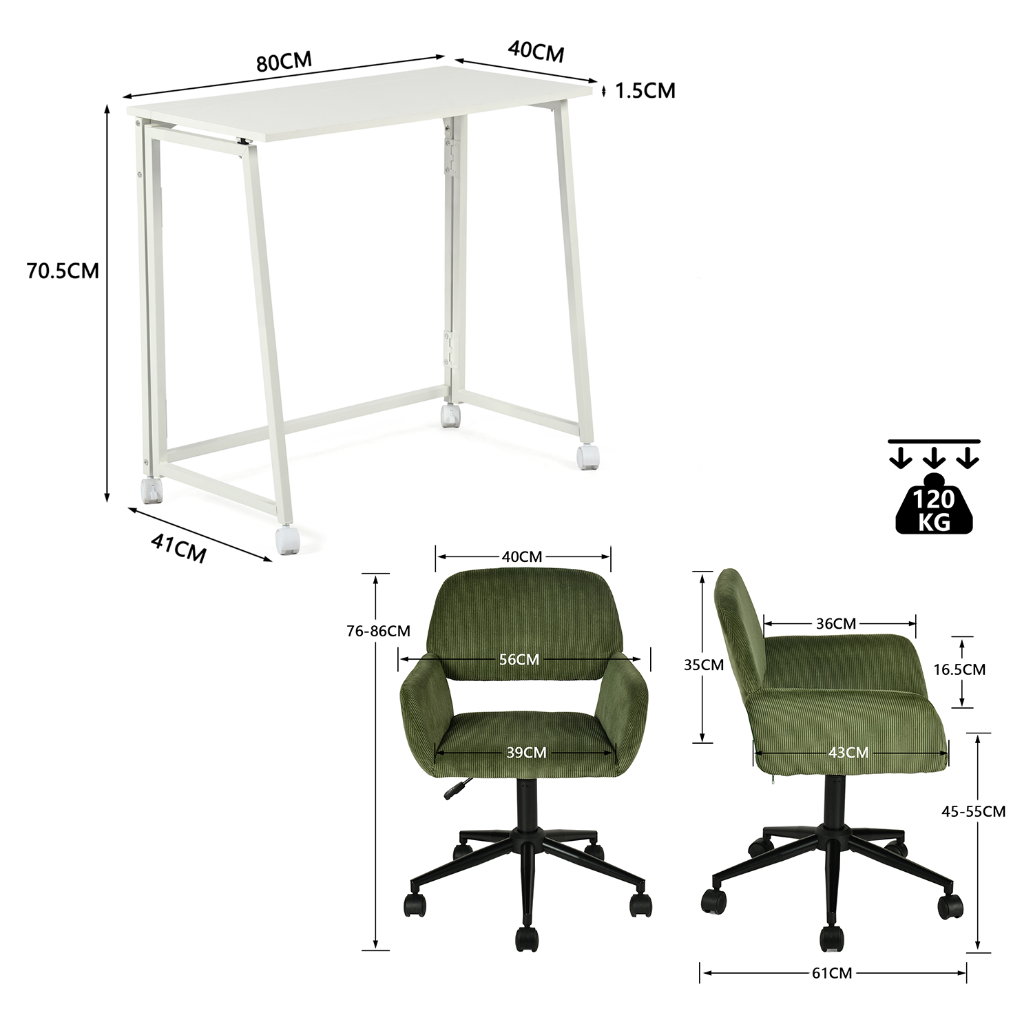 Ensemble avec bureau pliable blanc à roulettes et fauteuil en velours côtelé vert olive ââ‚?ASCOLI & ROSS