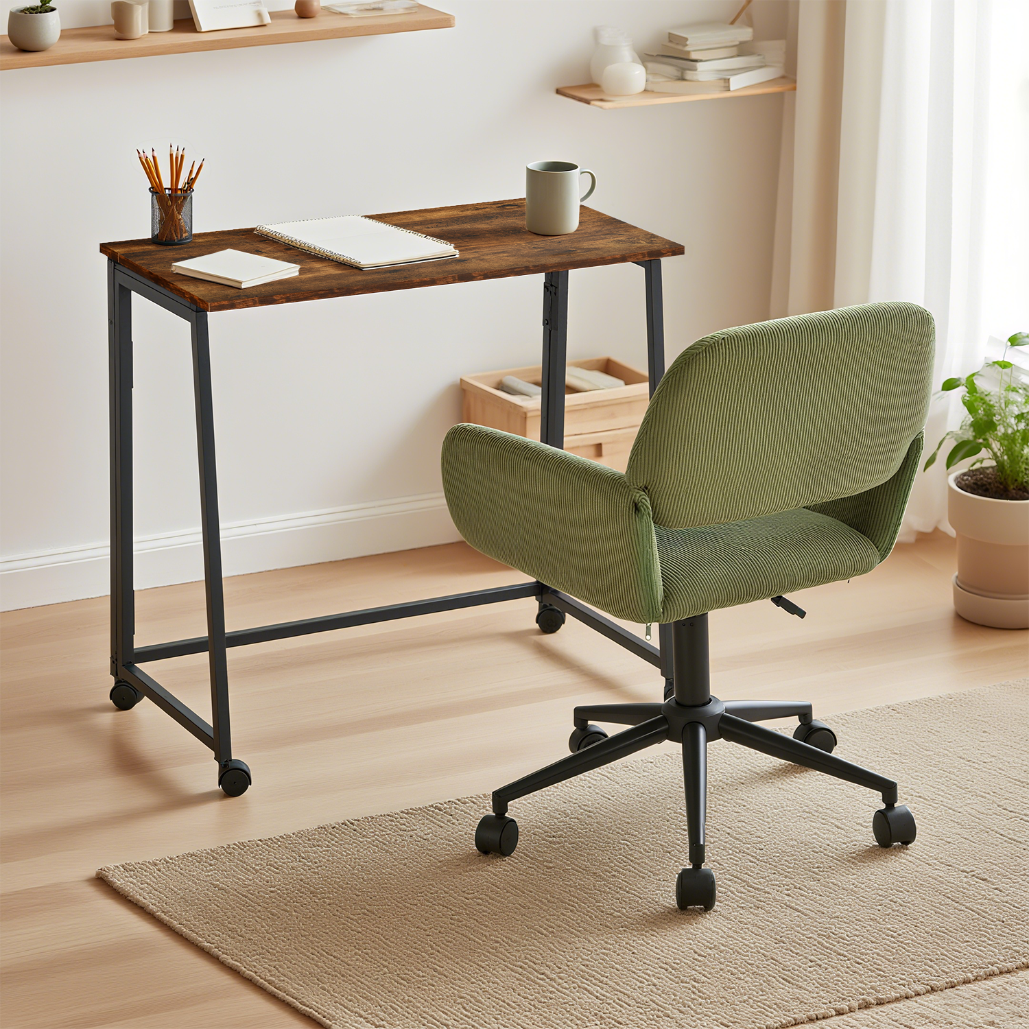 Ensemble avec bureau pliable industriel à roulettes et fauteuil en velours côtelé vert olive ââ‚?ASCOLI & ROSS