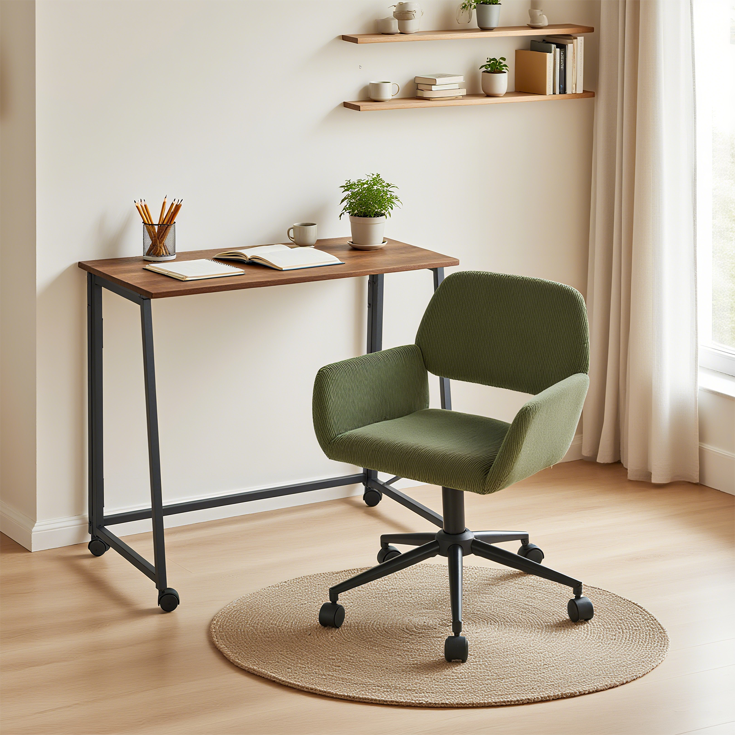 Ensemble avec bureau pliable industriel à roulettes et fauteuil en velours côtelé vert olive ââ‚?ASCOLI & ROSS