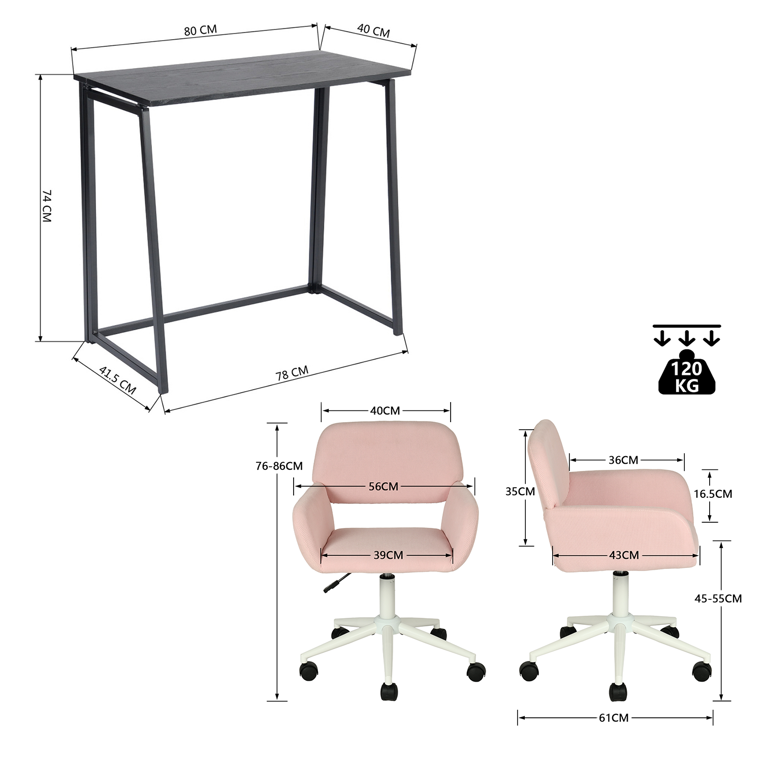Ensemble bureau pliable en métal noir et fauteuil de bureau en velours côtelé rose ââ‚?ASCOLI & ROSS