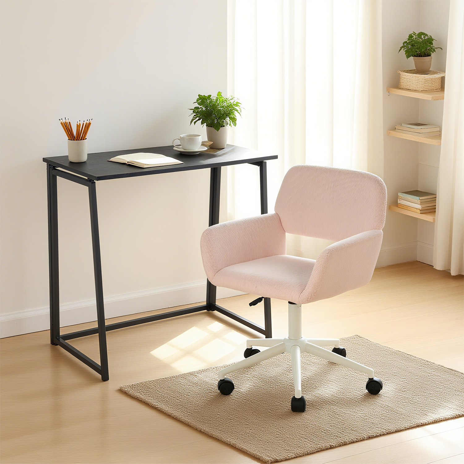 Ensemble bureau pliable en métal noir et fauteuil de bureau en velours côtelé rose ââ‚?ASCOLI & ROSS