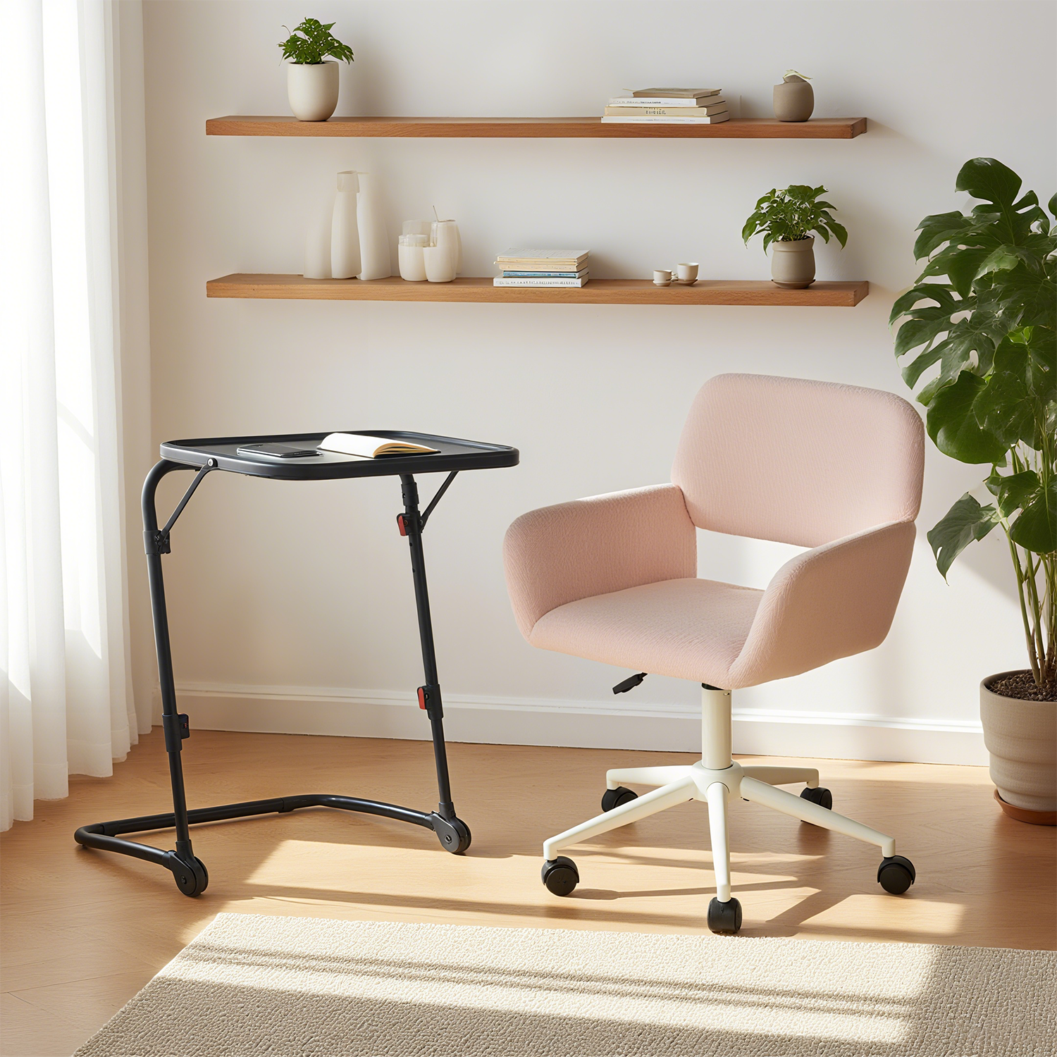 Ensemble avec table d’appoint noire pliable et fauteuil de bureau en velours côtelé rose ââ‚?BASELINE & ROSS
