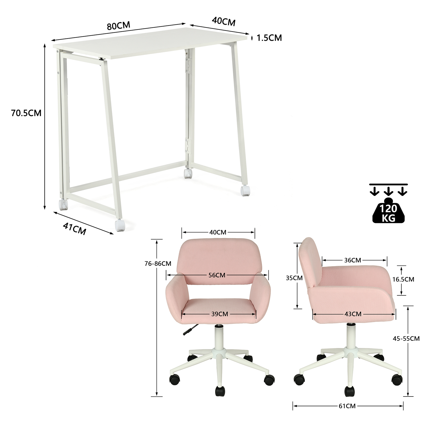 Ensemble avec bureau pliable blanc à roulettes et fauteuil en velours côtelé vert olive ââ‚?ASCOLI & ROSS