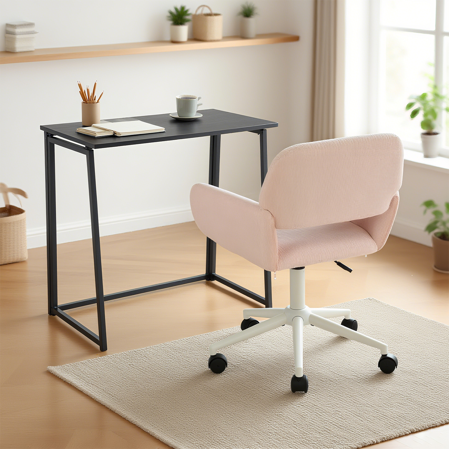 Ensemble bureau pliable en métal noir et fauteuil de bureau en velours côtelé rose ââ‚?ASCOLI & ROSS